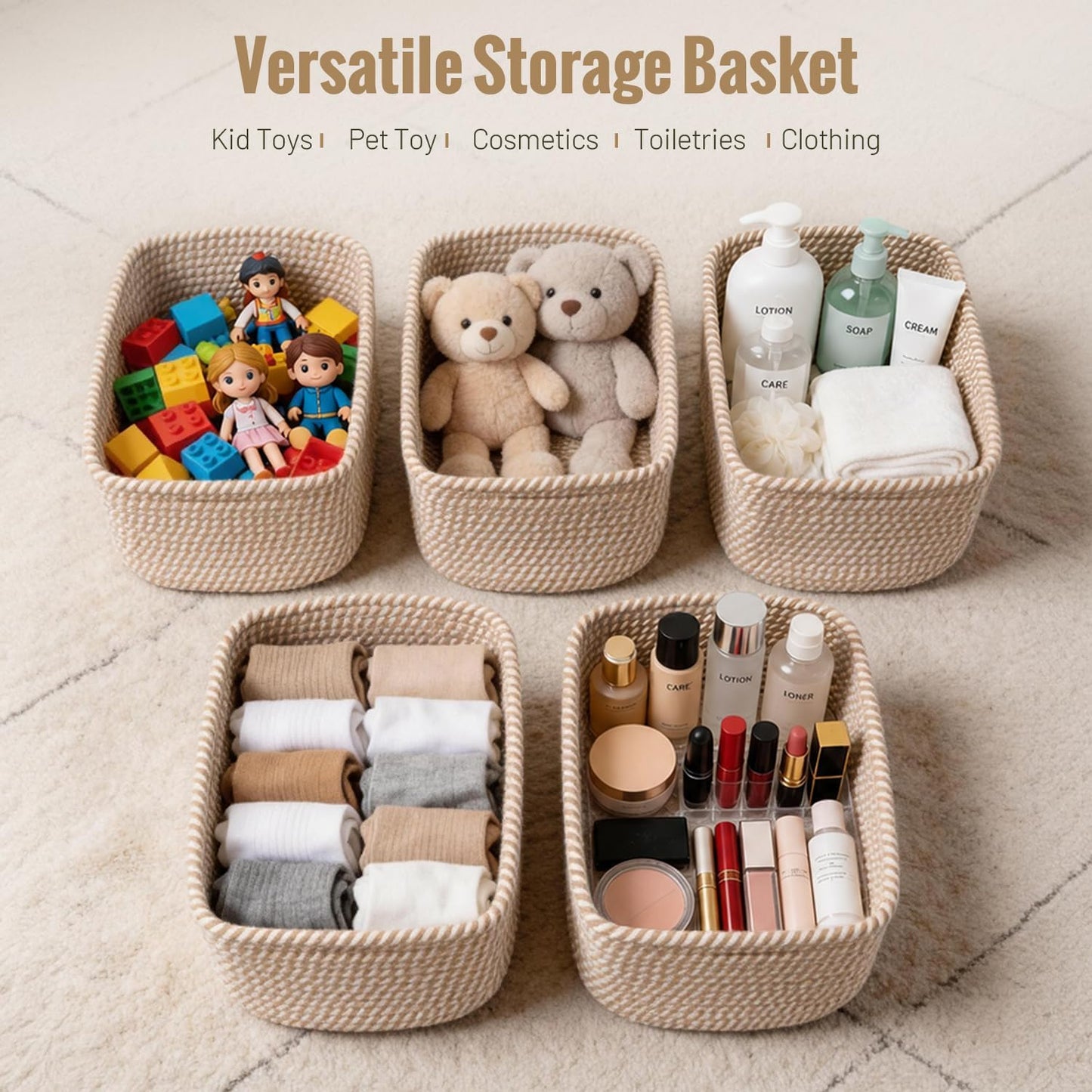 Cotton Rope Woven Basket for Organizing Bathroom / Khaki / Set of 5