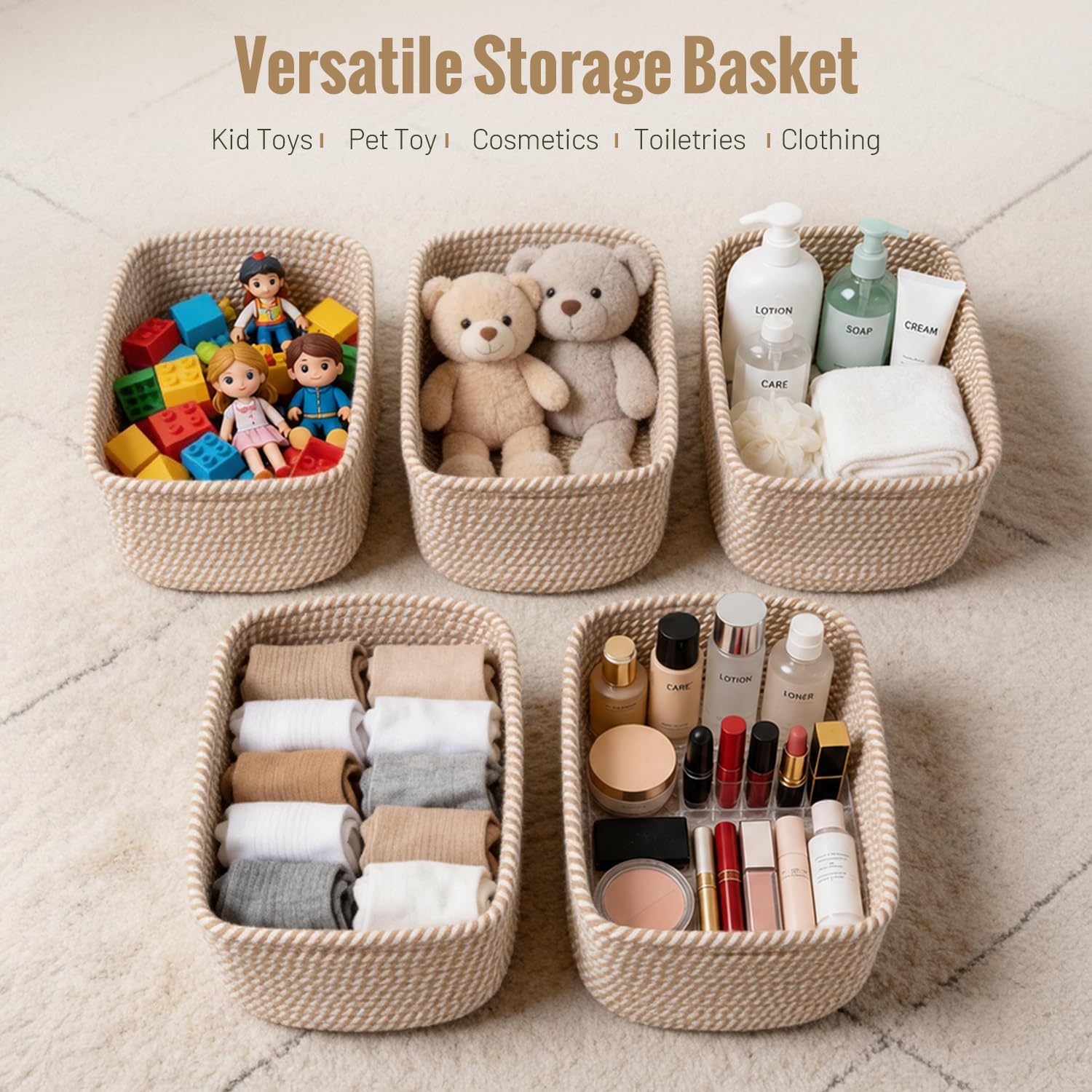 Cotton Rope Woven Basket for Organizing Bathroom / Khaki / Set of 5