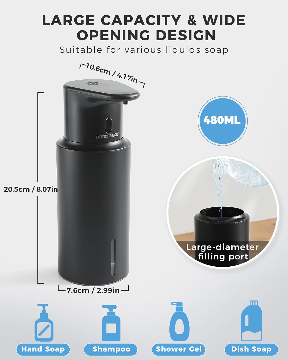 Automatic Liquid Soap Dispenser Touchless, 304 Stainless Steel Bottle Body | 16.2oz/480ml Rechargeable, 3 Adjustable