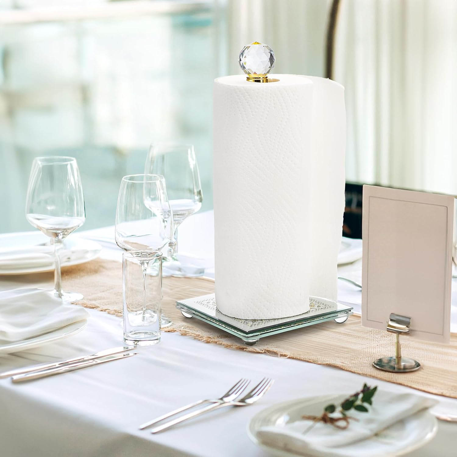 Paper Towel Holder, Gold Paper Towel Roll Dispenser Stand Weighted Base Non Slip Filled with Sparkly Crystal Crushed