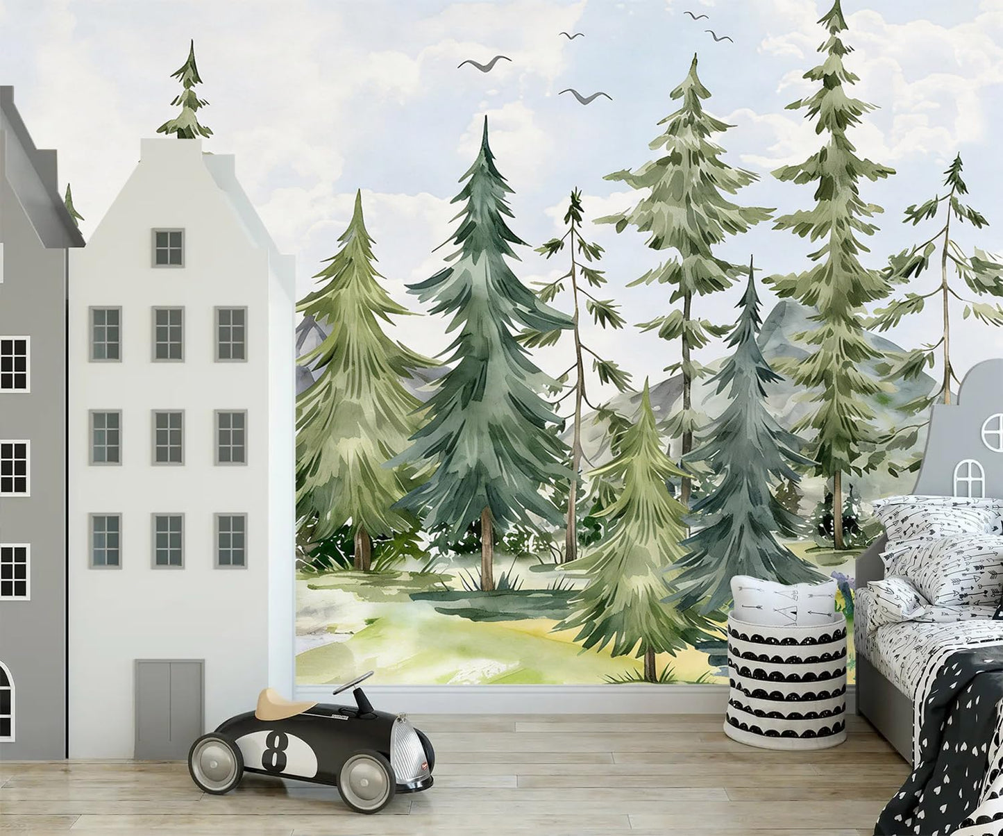 Watercolor Cartoon Forest Pine Tree self-Adhesive Wallpaper murals for Nursery / Zz12 / 79 x 55