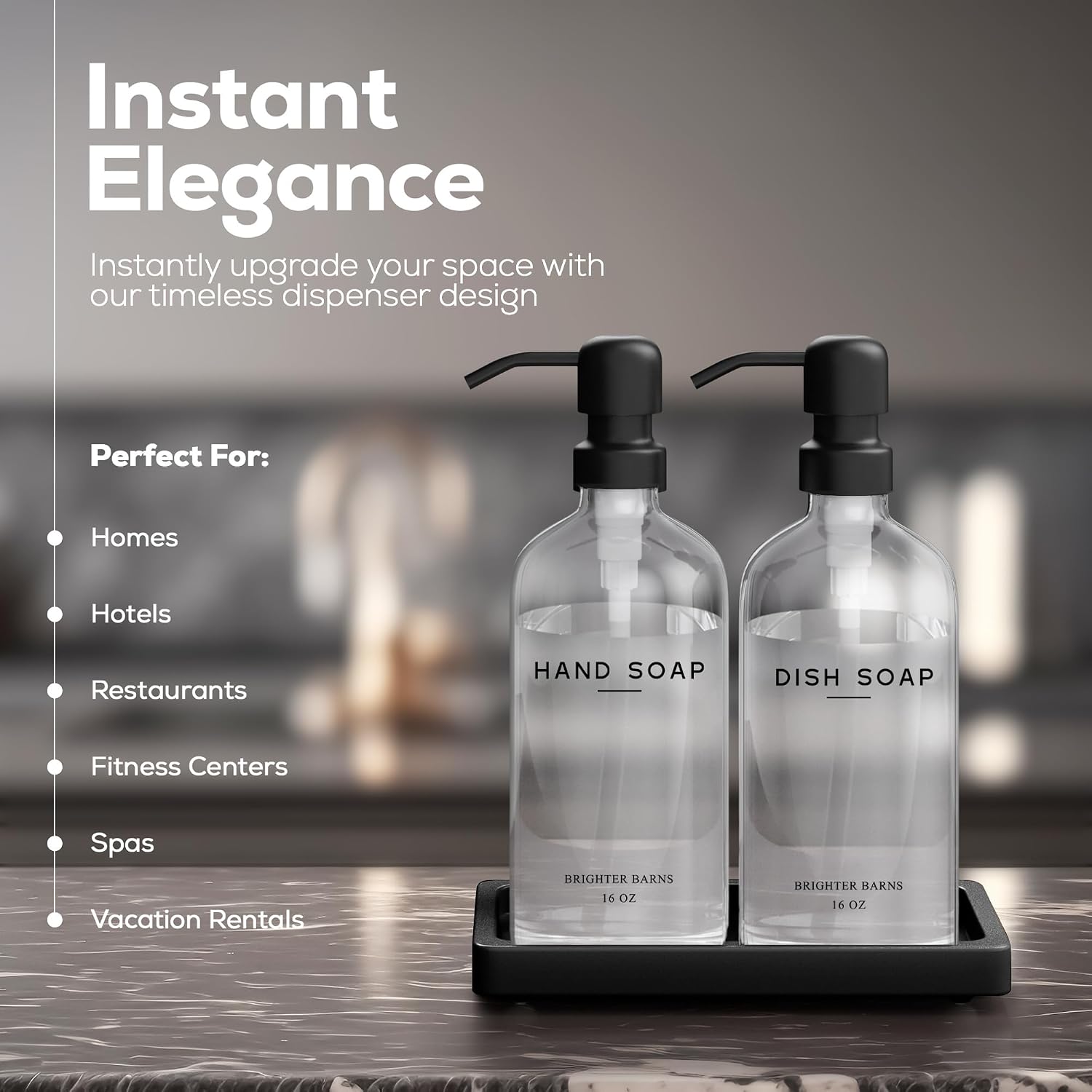 Glass Hand and Dish Soap Dispenser Set by Brighter Barns - Kitchen Soap Dispenser Set with Tray, Stainless Steel Pump