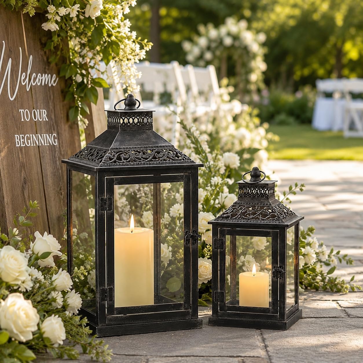 JHY DESIGN Set of 2 Antique Grey Brush Decorative Lanterns Metal Candle Lanterns for Indoor Outdoor Events Paritie and