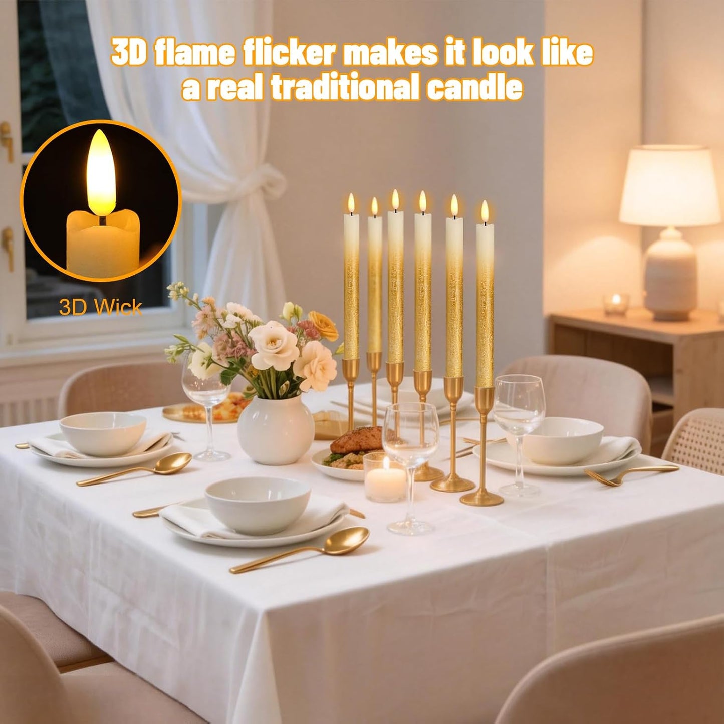 Wondise Gold Flameless Taper Candles with Timer & Remote, 9 Inch Battery Operated LED Flickering Window Candle for