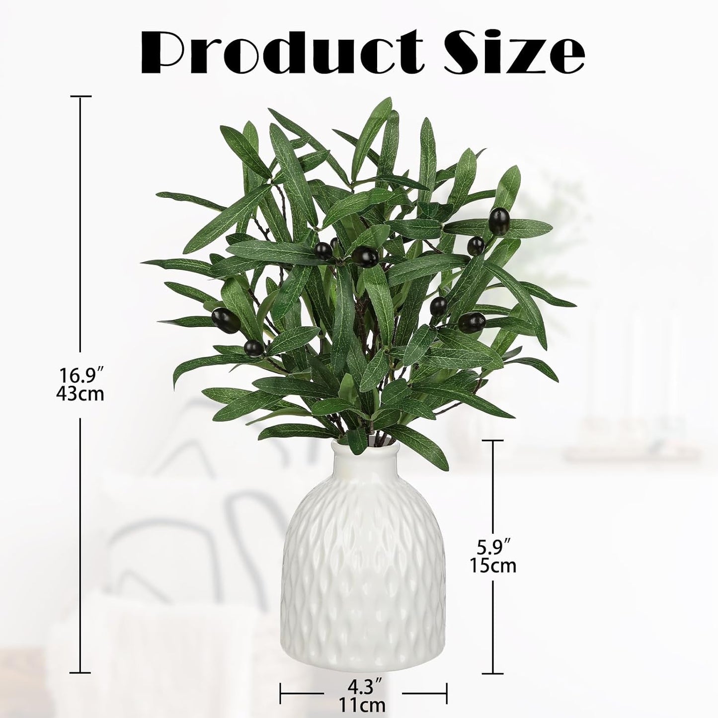 Artificial Olive Branches in Rustic Ceramic Vase 16.9" Faux Olive Greenery Stems Fake Potted / White