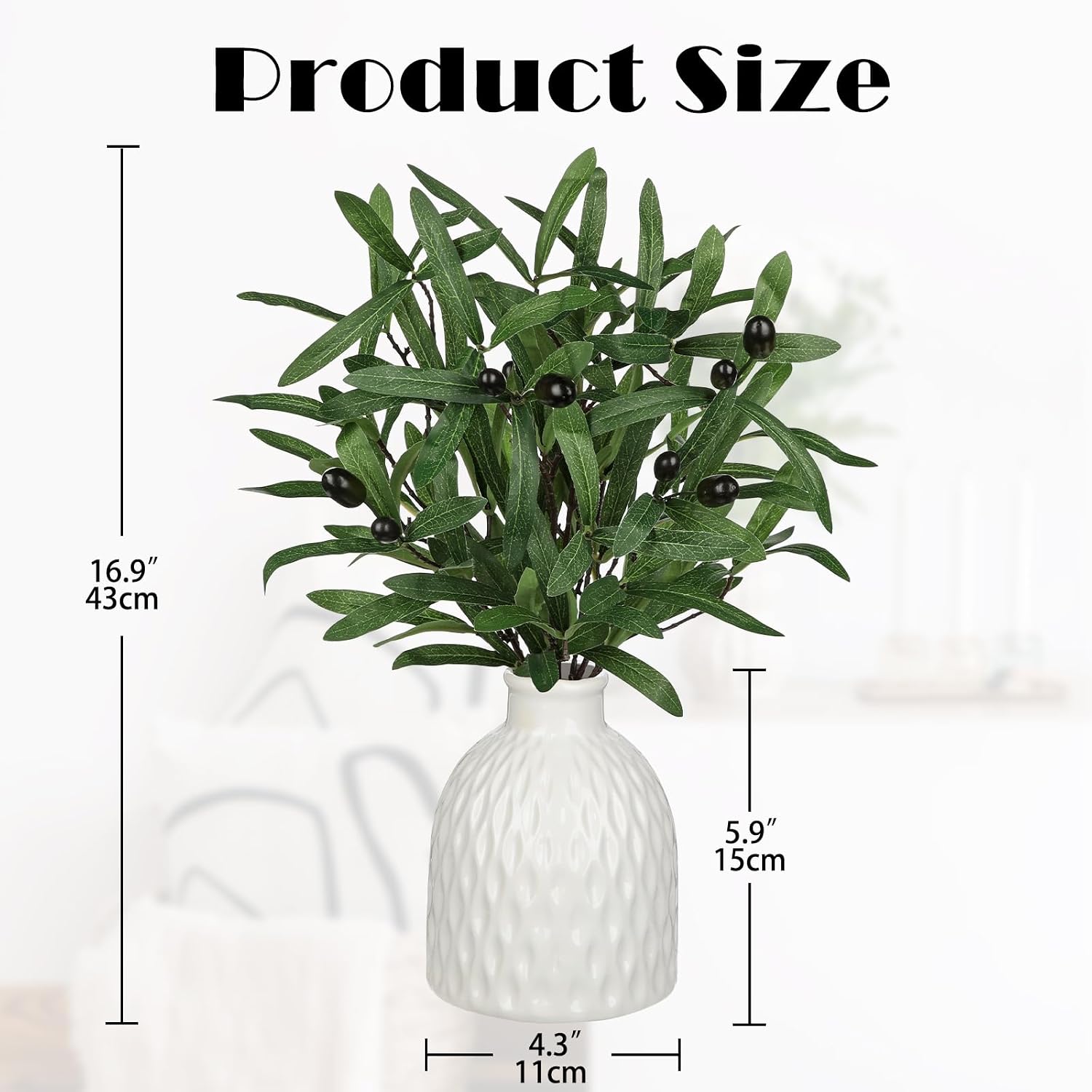Artificial Olive Branches in Rustic Ceramic Vase 16.9" Faux Olive Greenery Stems Fake Potted / White