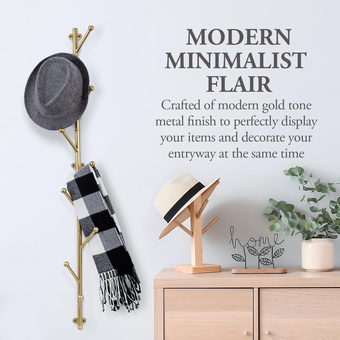 MyGift 9 Hook Wall Mounted Modern Gold Tone Metal Hat and Coat Hanger Tree, Decorative Entryway Vertical Hanging