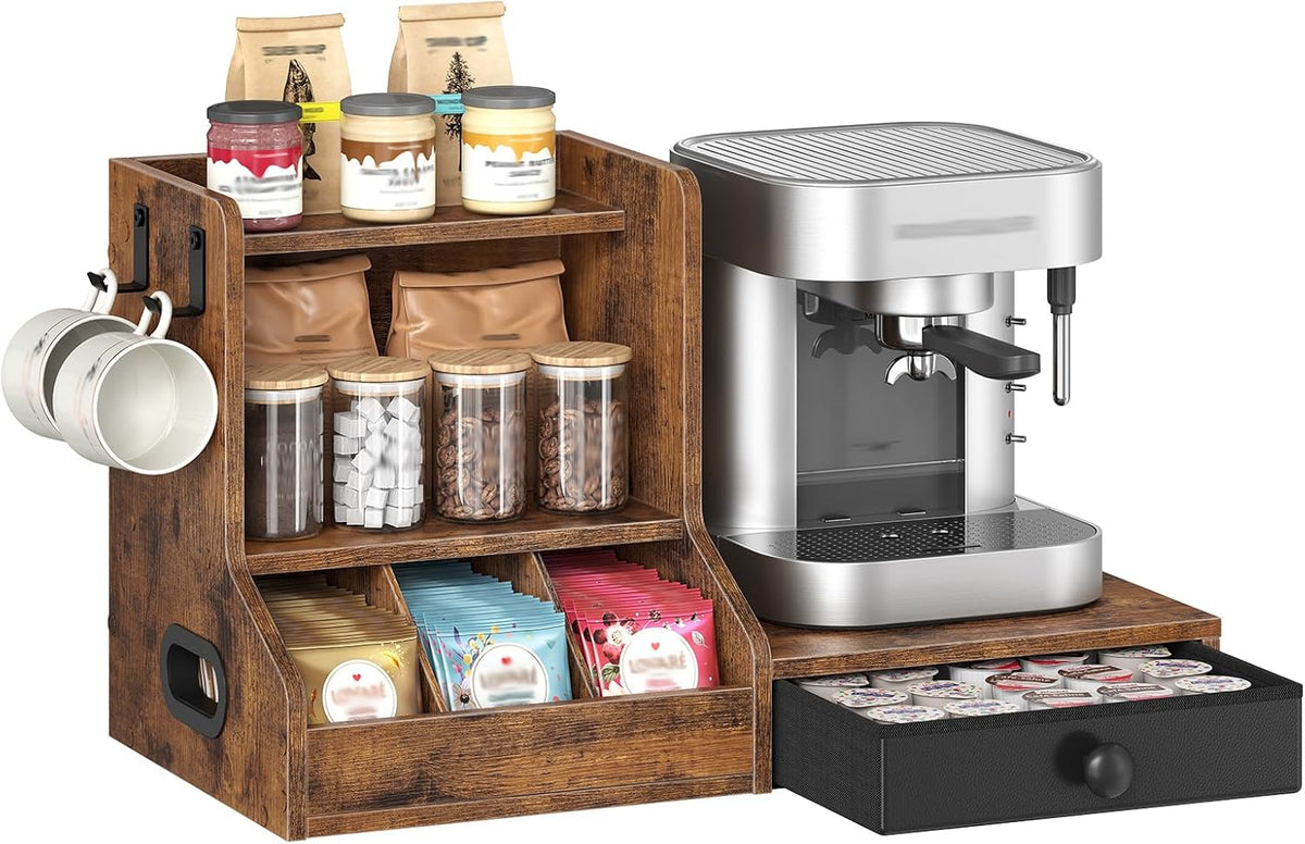 HOOBRO Coffee Mug Tree, Coffee Mug Cup Holder with Drawer, 25 Pod Capacity, Mug Display Stand with 2 Hooks, 3 Tier Mug