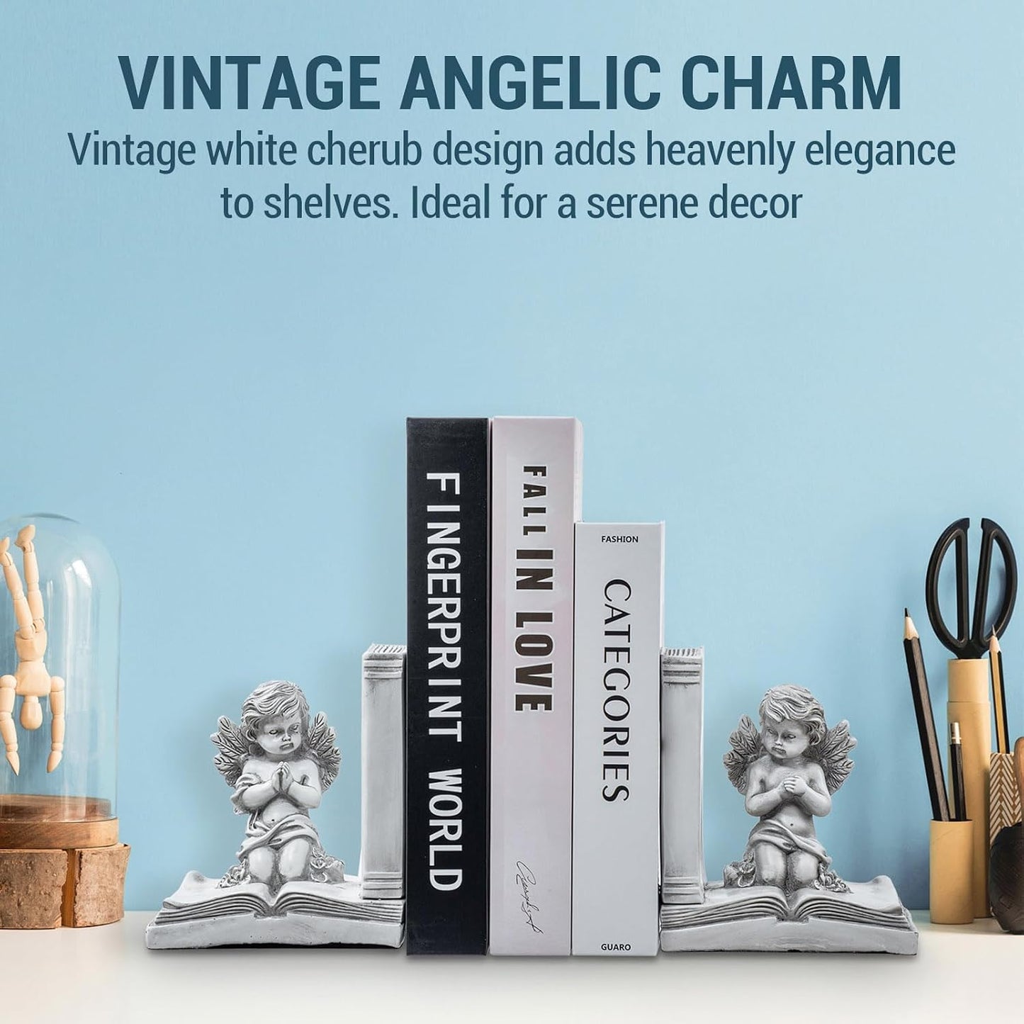 Vintage Bookends / Angel and Book Design / White / Set of 2