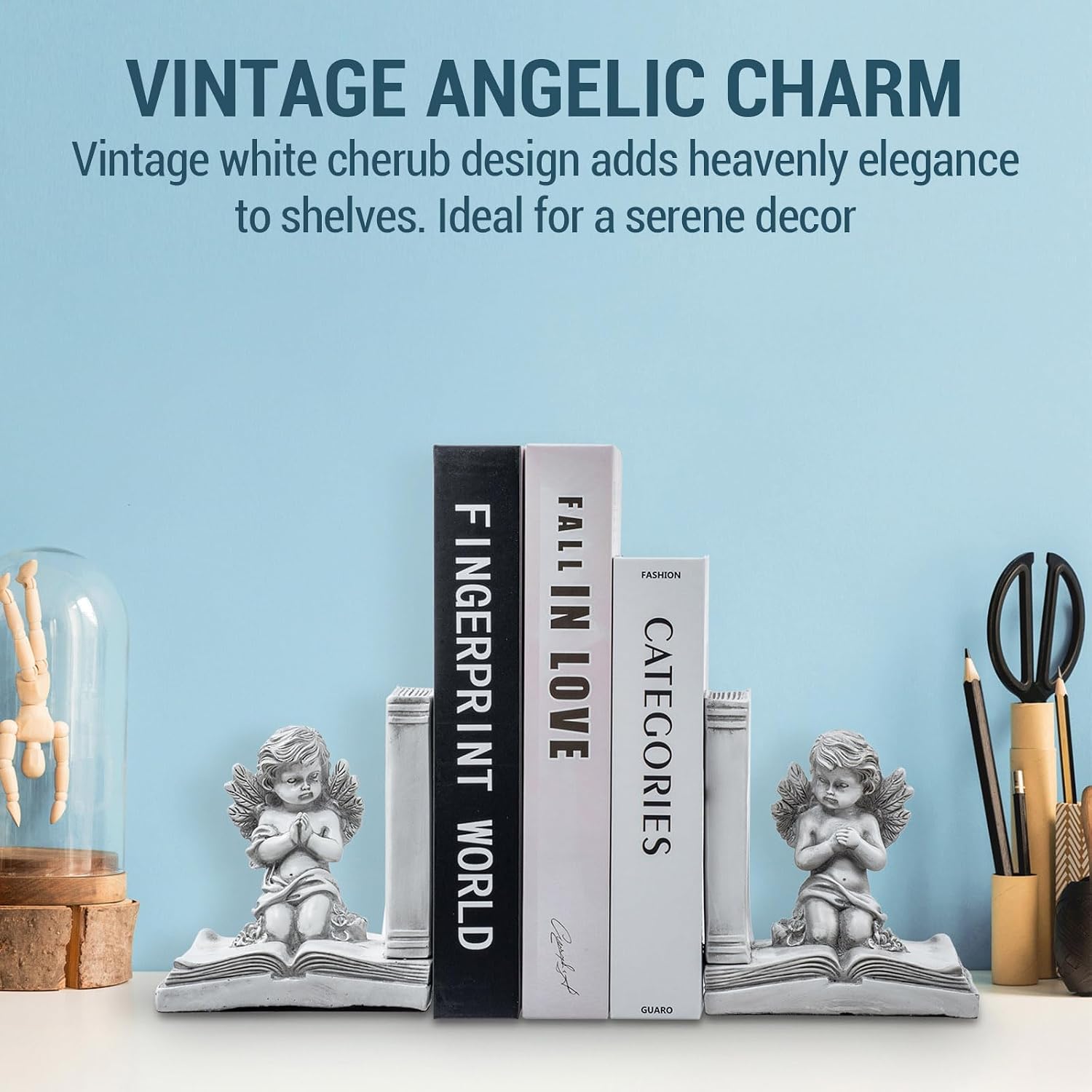 Vintage Bookends / Angel and Book Design / White / Set of 2