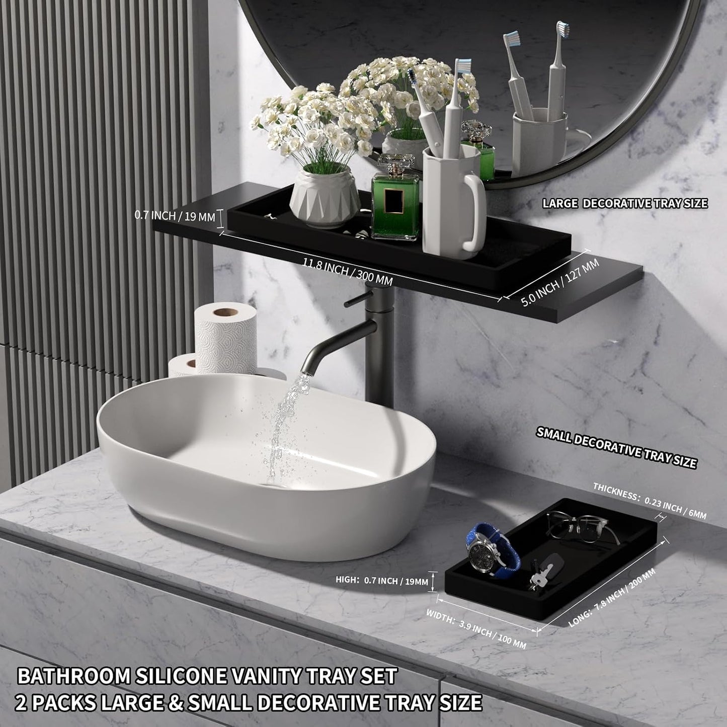 Bathroom Vanity Tray- Silicone Bathroom Tray for Counter / Black / Set of 2