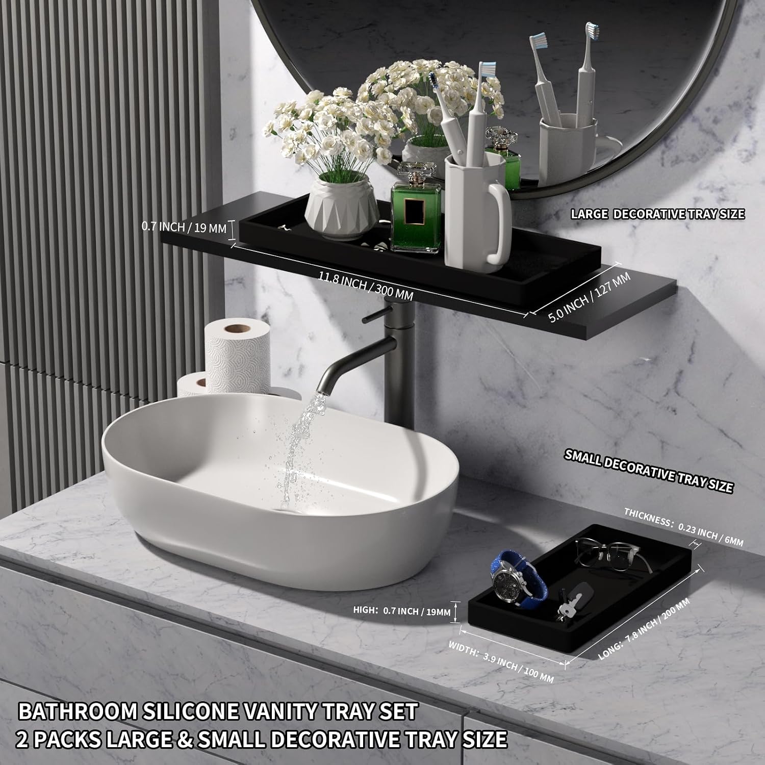 Bathroom Vanity Tray- Silicone Bathroom Tray for Counter / Black / Set of 2