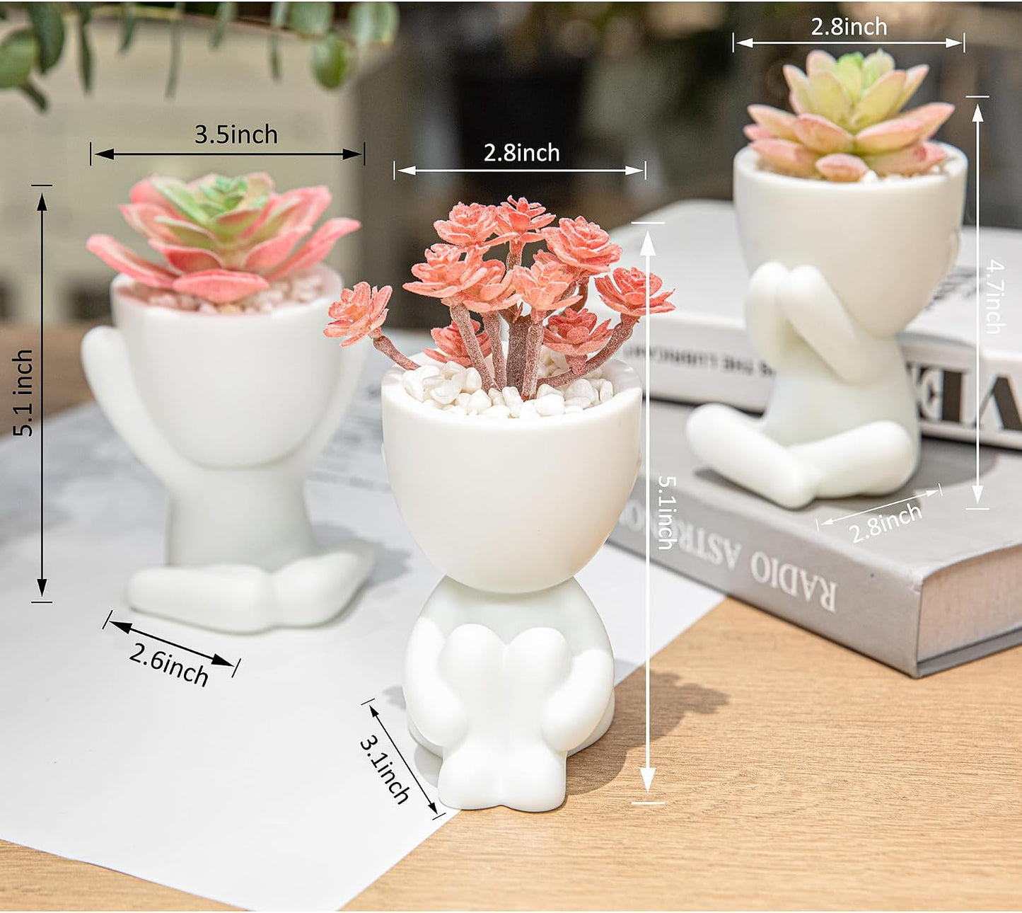 Artificial Plant Office Decor for Women and Men / Set, White Pots Pink Plant / Set of 3