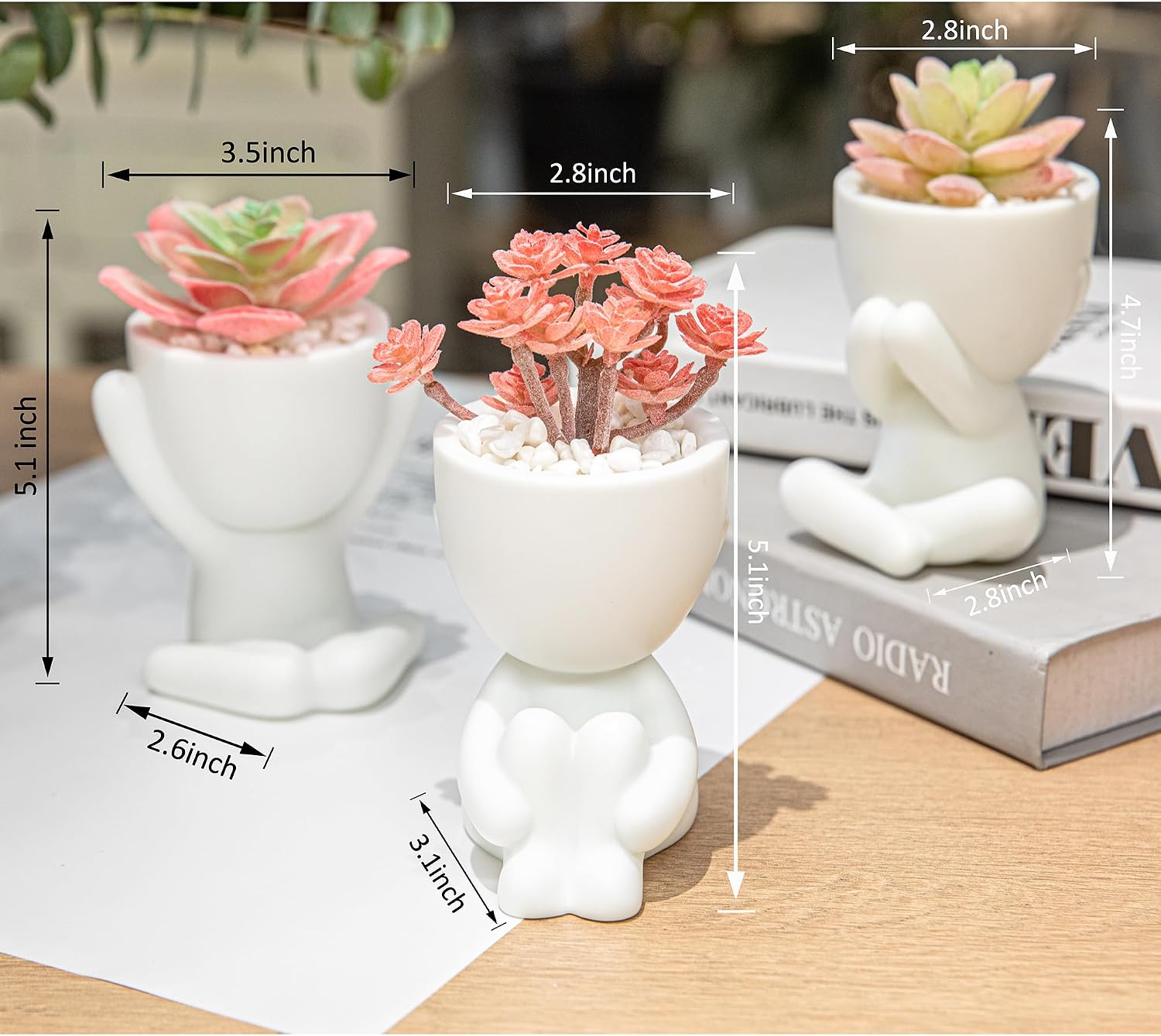 Artificial Plant Office Decor for Women and Men / Set, White Pots Pink Plant / Set of 3