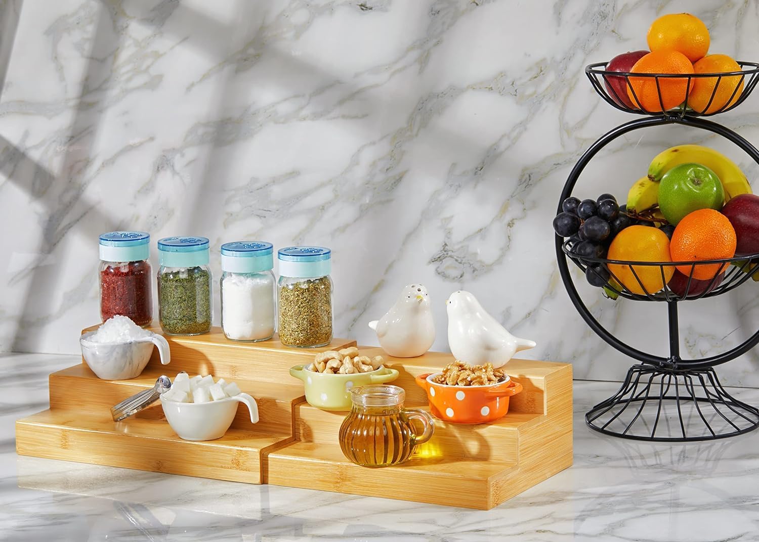Bamboo Expandable Spice Rack Organizer, 3-Tier Adjustable Kitchen Cabinet | Countertop Display Shelf, Space Organizer