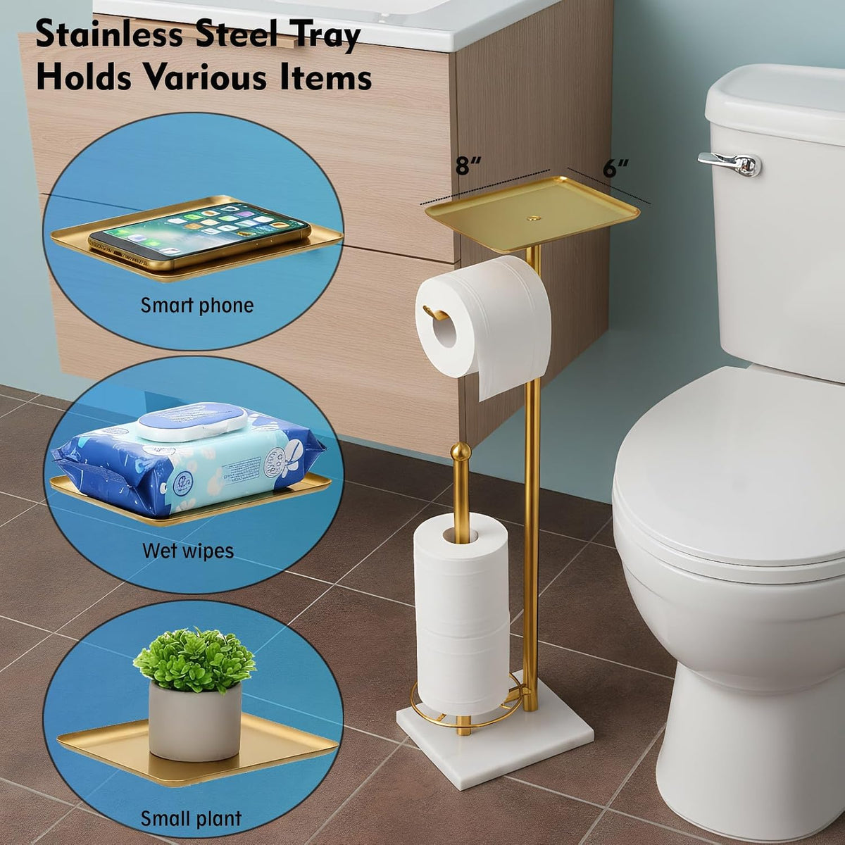 Gold Toilet Paper Holder with Shelf, Free Standing Toilet Paper Holder with Storage - Toilet Paper Stand for Holding
