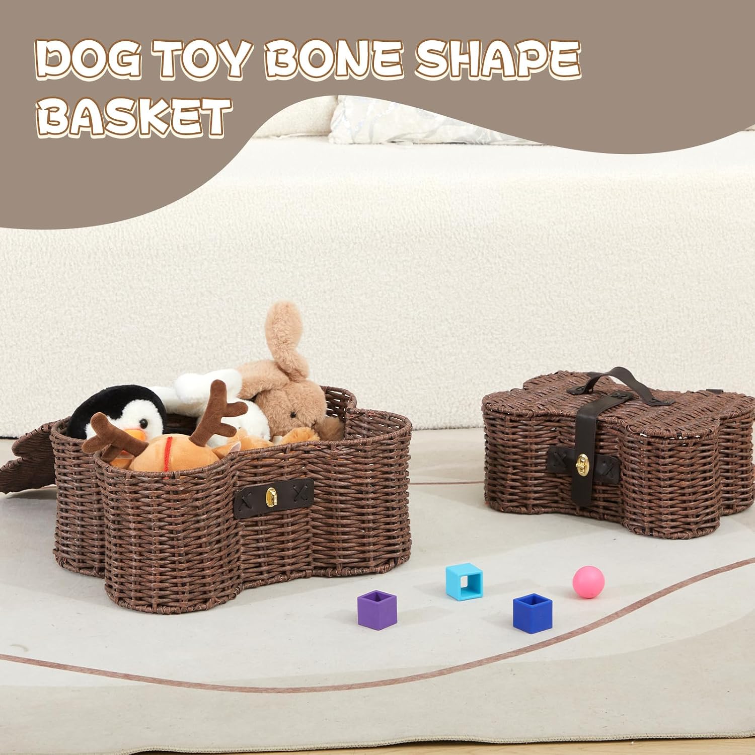 Lid Bone Shaped Basket for Dog Natural Woven Handmade Pet Puppy / Wicker / Dark Brown / Set of 2