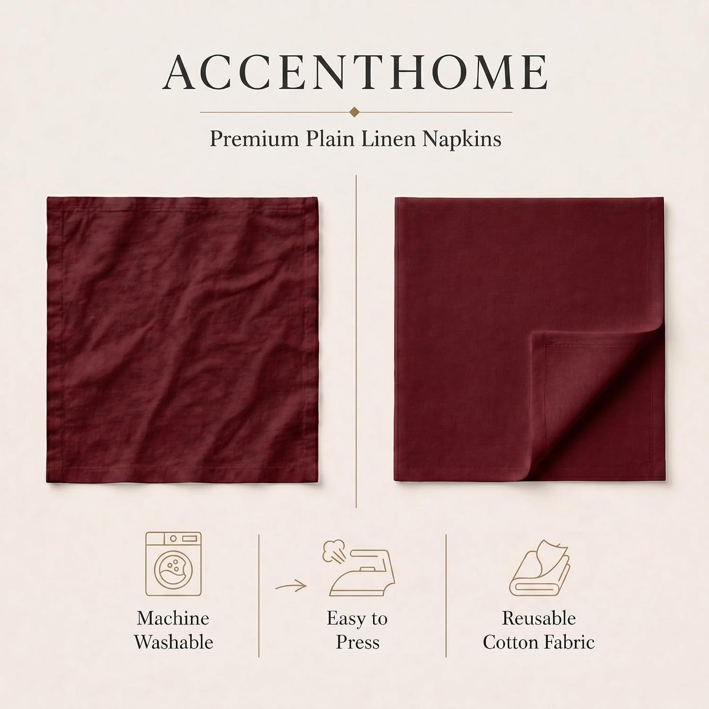ACCENTHOME Burgundy Cotton Linen Napkin Set of 12 18x18 inch Dinner | Cotton Linen Blend Napkins, Machine Wash On