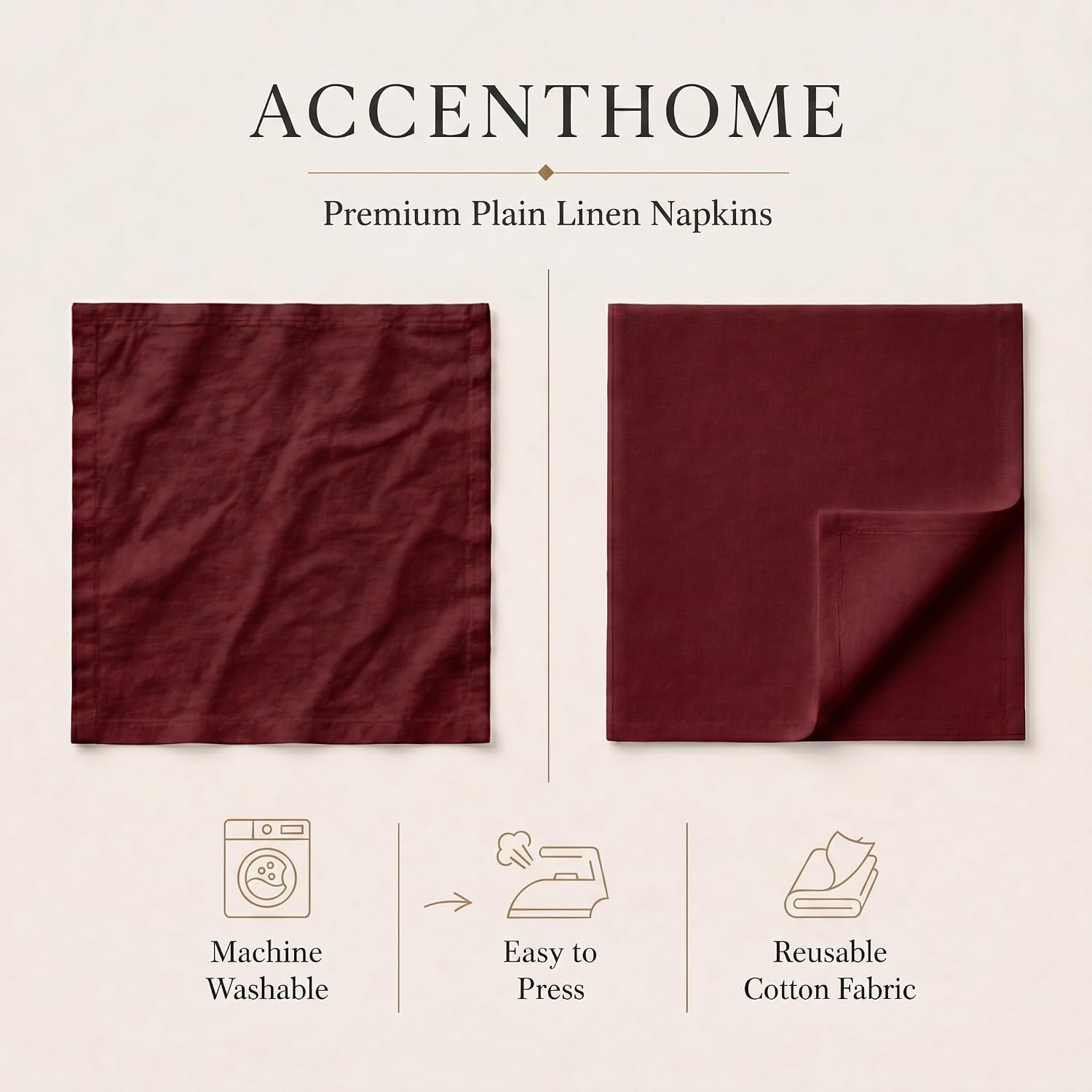 ACCENTHOME Burgundy Cotton Linen Napkin Set of 12 18x18 inch Dinner | Cotton Linen Blend Napkins, Machine Wash On