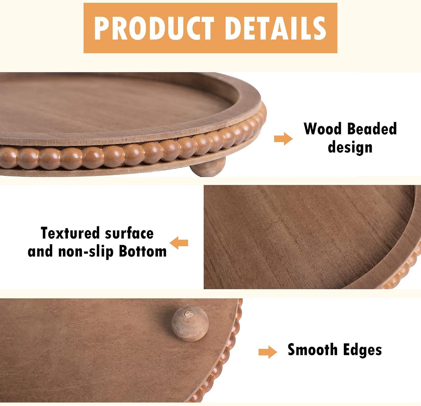 Round Wood Beaded Tray / 12inch Round Brown / 12 Inch