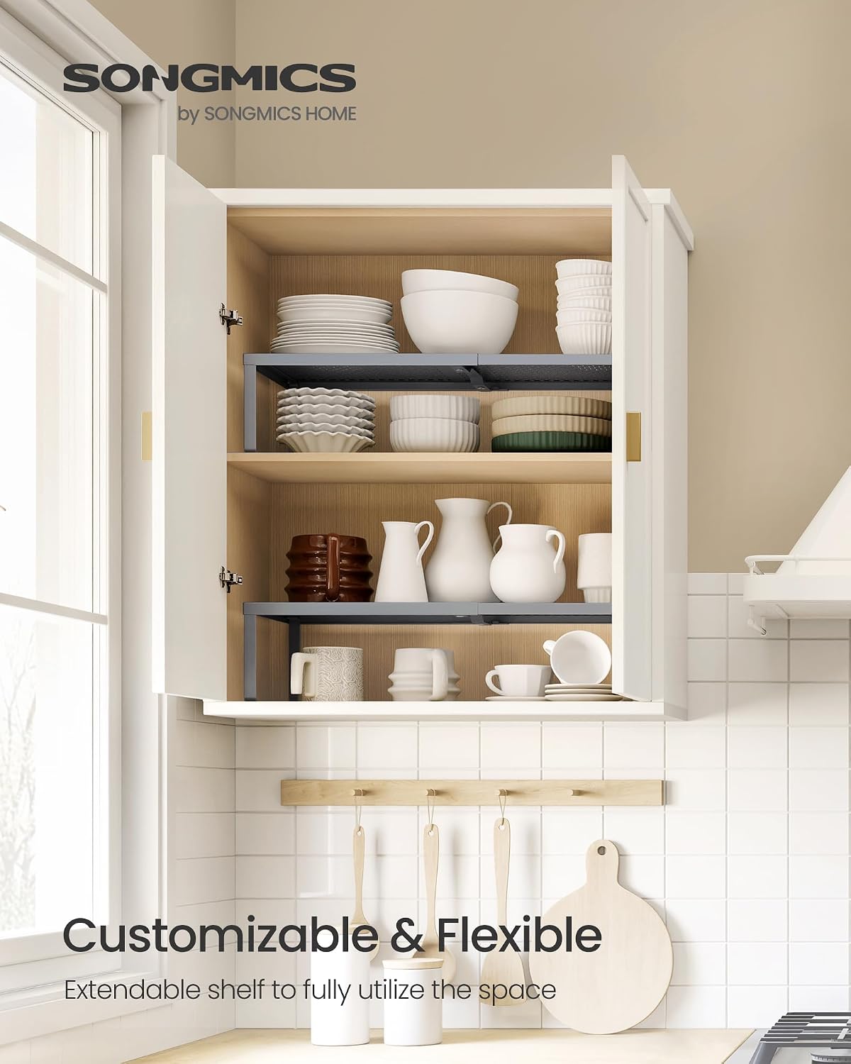 SONGMICS Spice Rack, Expandable Kitchen Countertop Shelf, Steel | Set of 2 small cupboard organizers, space-saving