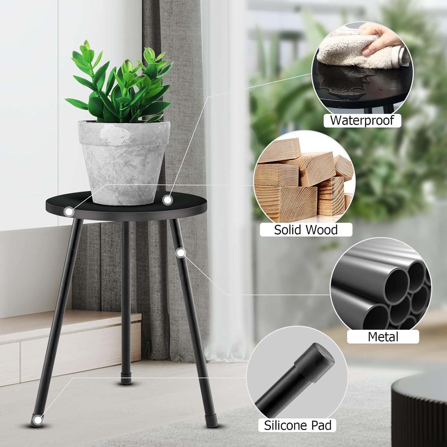 KINNARY Plant Stand Indoor, Mid Century Wood Plant Stand Black Plant Table for Flower Pots, Tall Metal Plant Holder