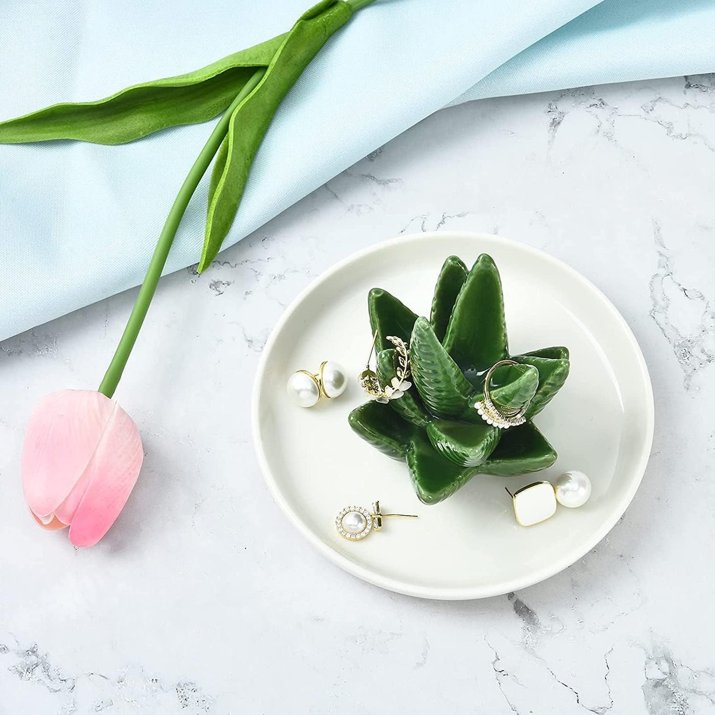 Ceramic Plant Decor Jewelry Dish Bracelet Earrings Necklace Tray for Birthday Gifts / Green