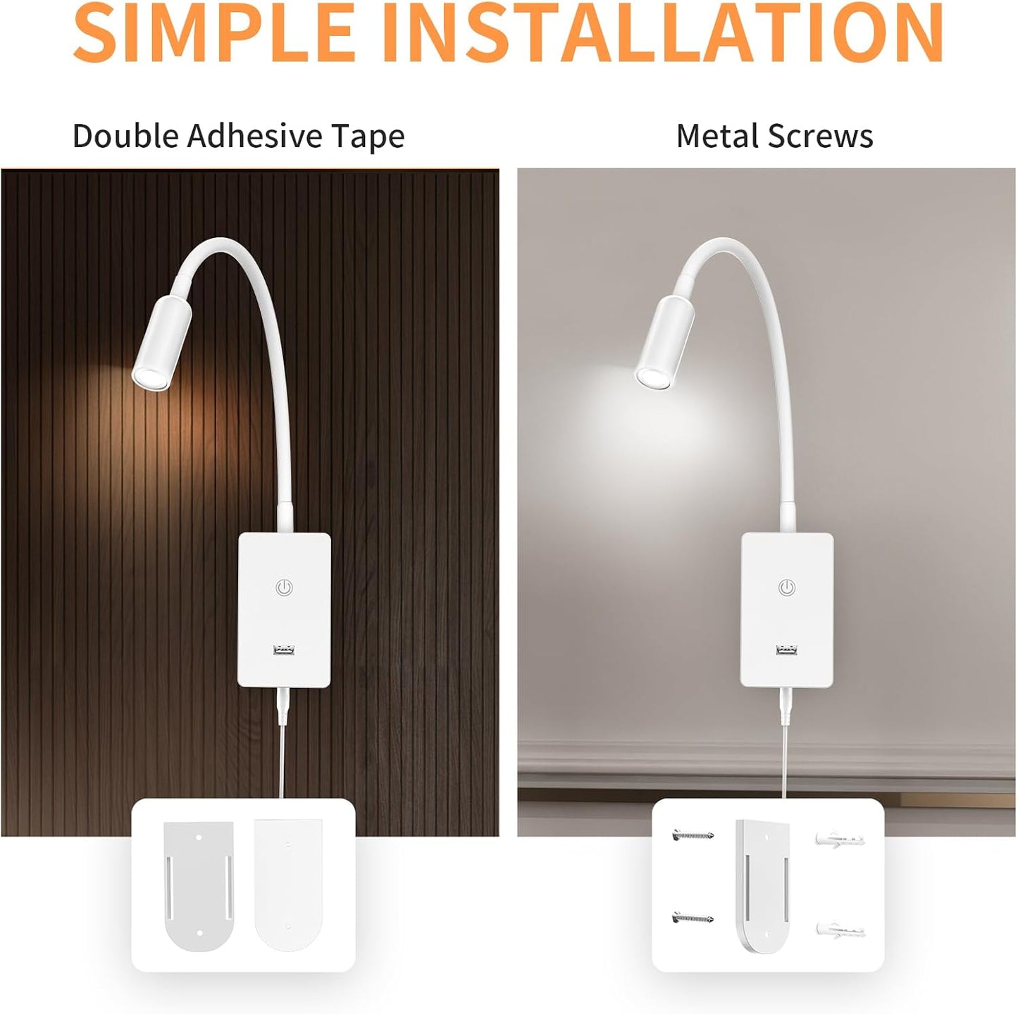 LED Wall Mounted Bedside Reading Light, Touch Dimmable Spot Lamp for Bedroom Headboard Light with 5V2A USB Port