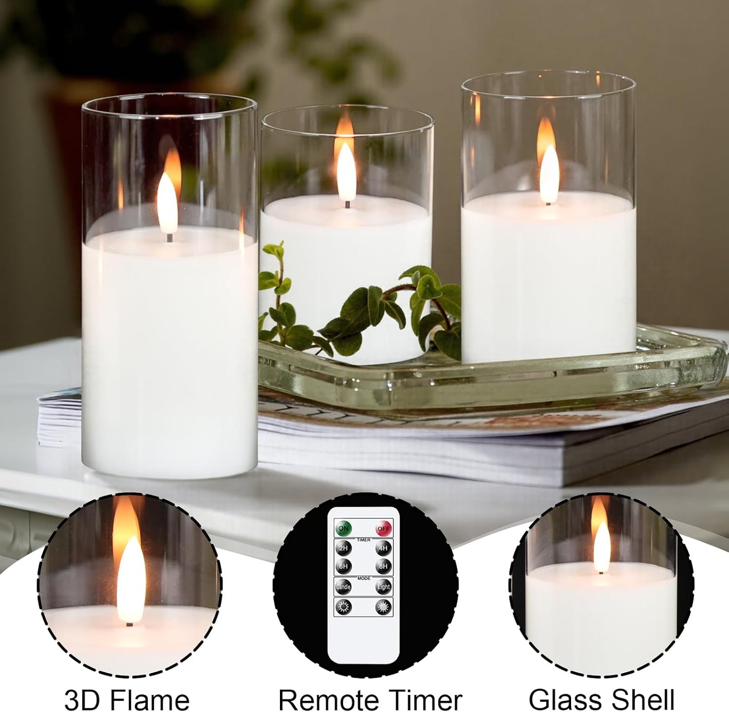 GenSwin Glass Flameless Candles Battery Operated with Remote Clear | LED Candles, 3 Pack, Real Wax, Fake Candles