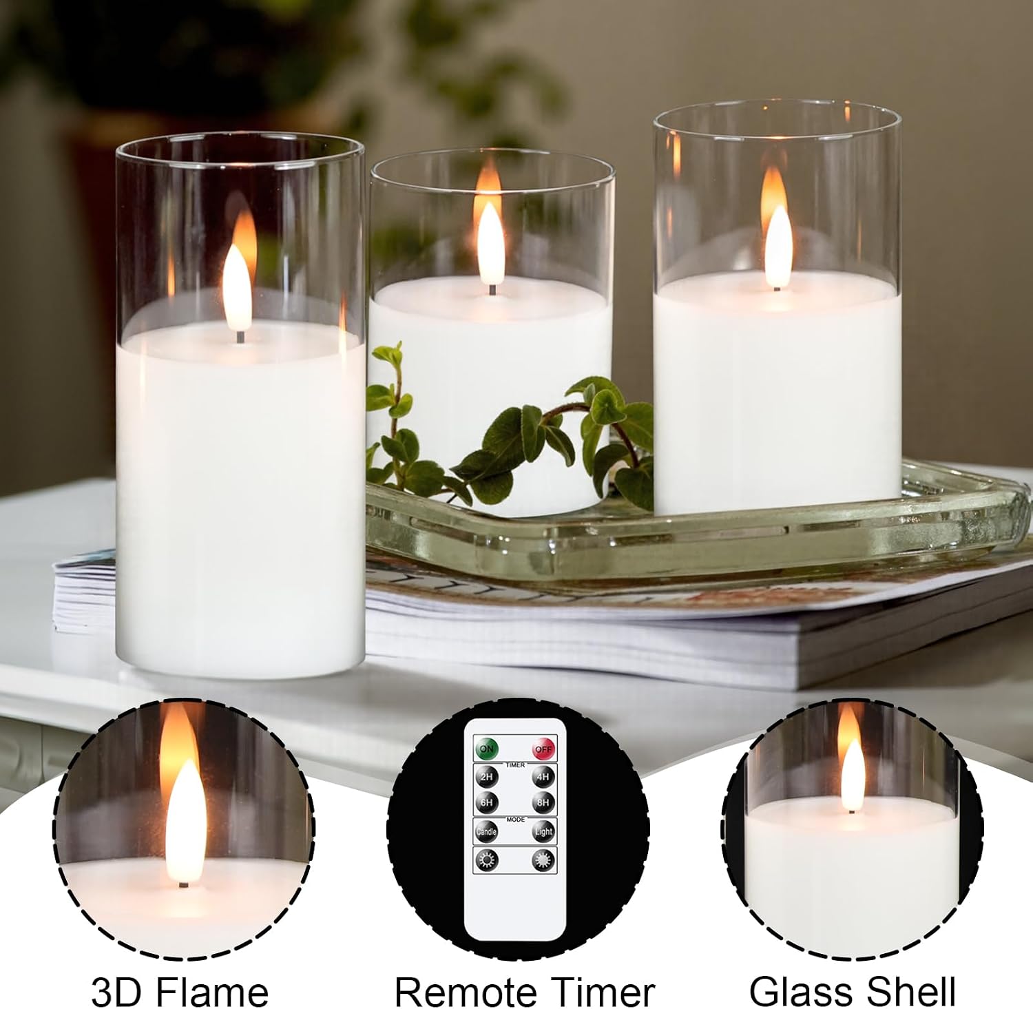 GenSwin Glass Flameless Candles Battery Operated with Remote Clear | LED Candles, 3 Pack, Real Wax, Fake Candles