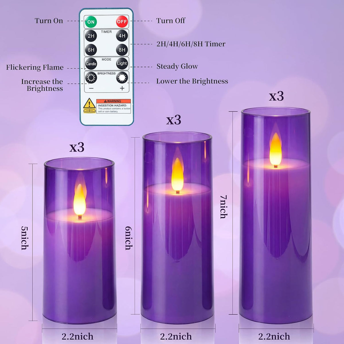 Homemory Purple Flameless LED Pillar Candles, Remote Timer, 9 Pack | Battery operated flickering LED pillar candles