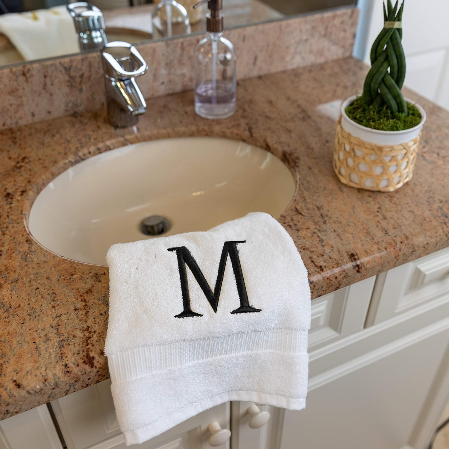 White with Dark Gray Monogrammed Hand Towels for Bathroom Set of 2 Letter M | Luxury Hotel Quality Initial Towels For