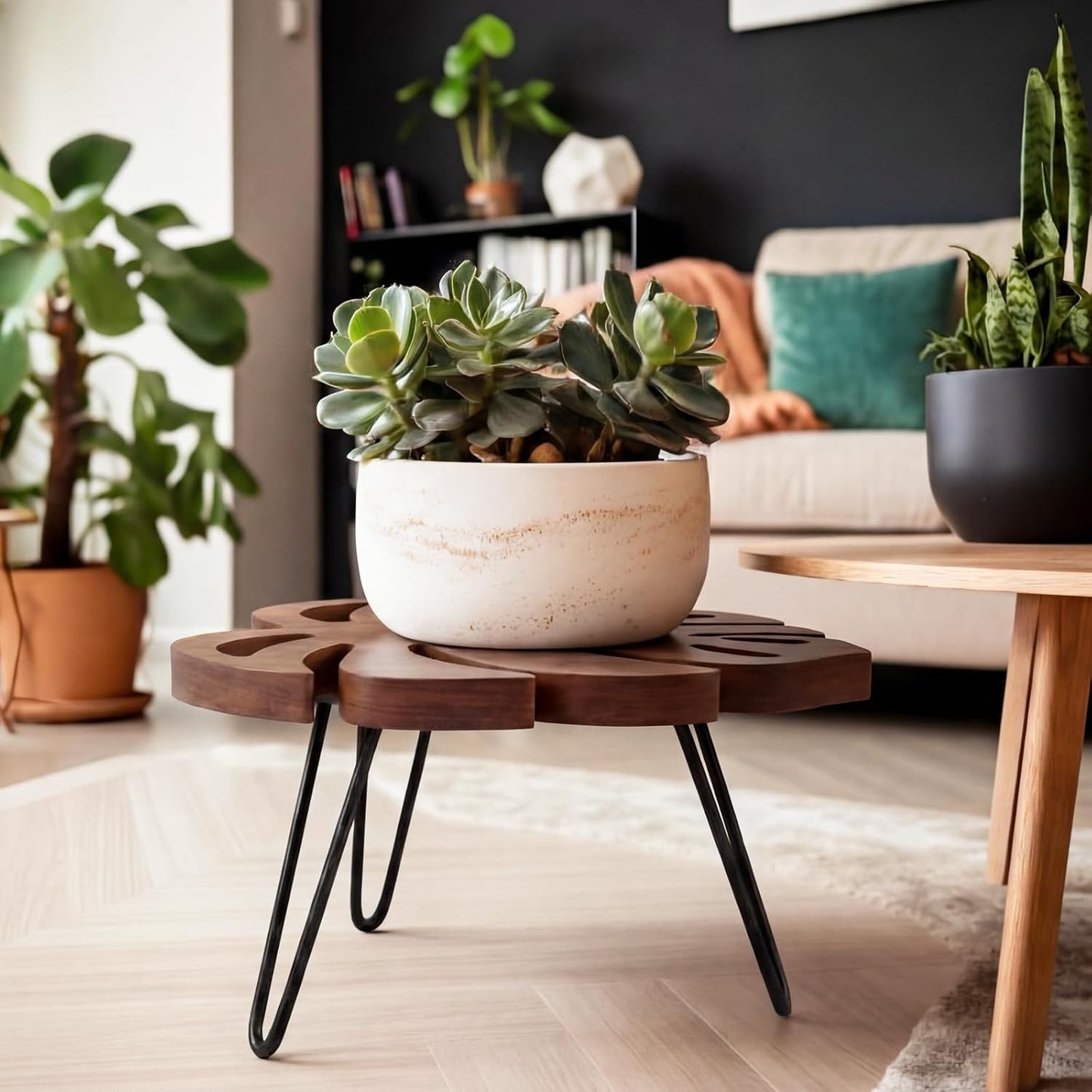 Monstera Leaf Short Plant Stand Small Wooden Plant Stool Stand Risers Pedestal Display Decorative