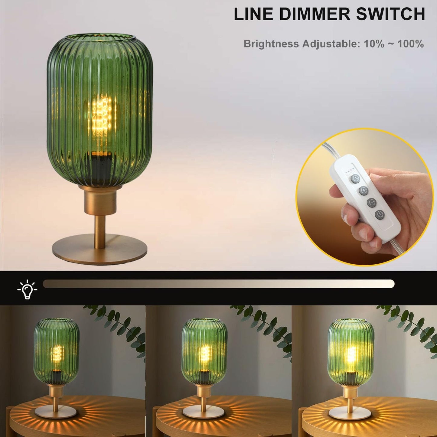 Mid Century Glass Table Lamp,Dimmable Desk Lamp,LED Bulb Included,Timer Build-In,Green Ribbed Glass