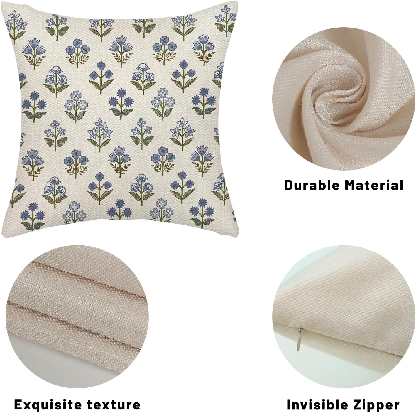 Blue Green Pillow Covers Block Print Vintage / 18 x 18 / Blue Green Block Print Floral / Set of 2