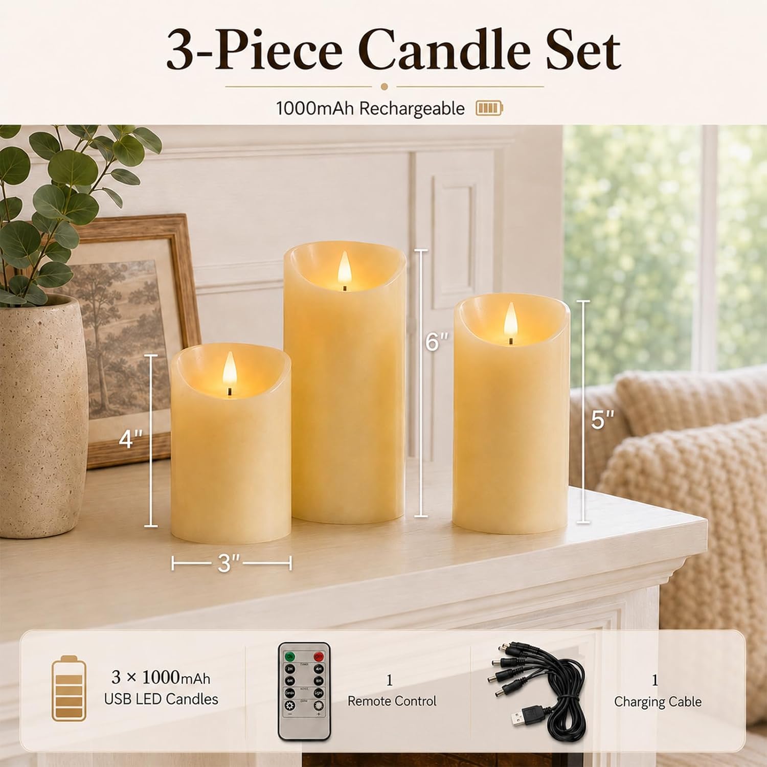 Lezonic Rechargeable Flickering Flameless Candles Battery Operated with Remote and Timer, Pack of 3(D 3'' X H