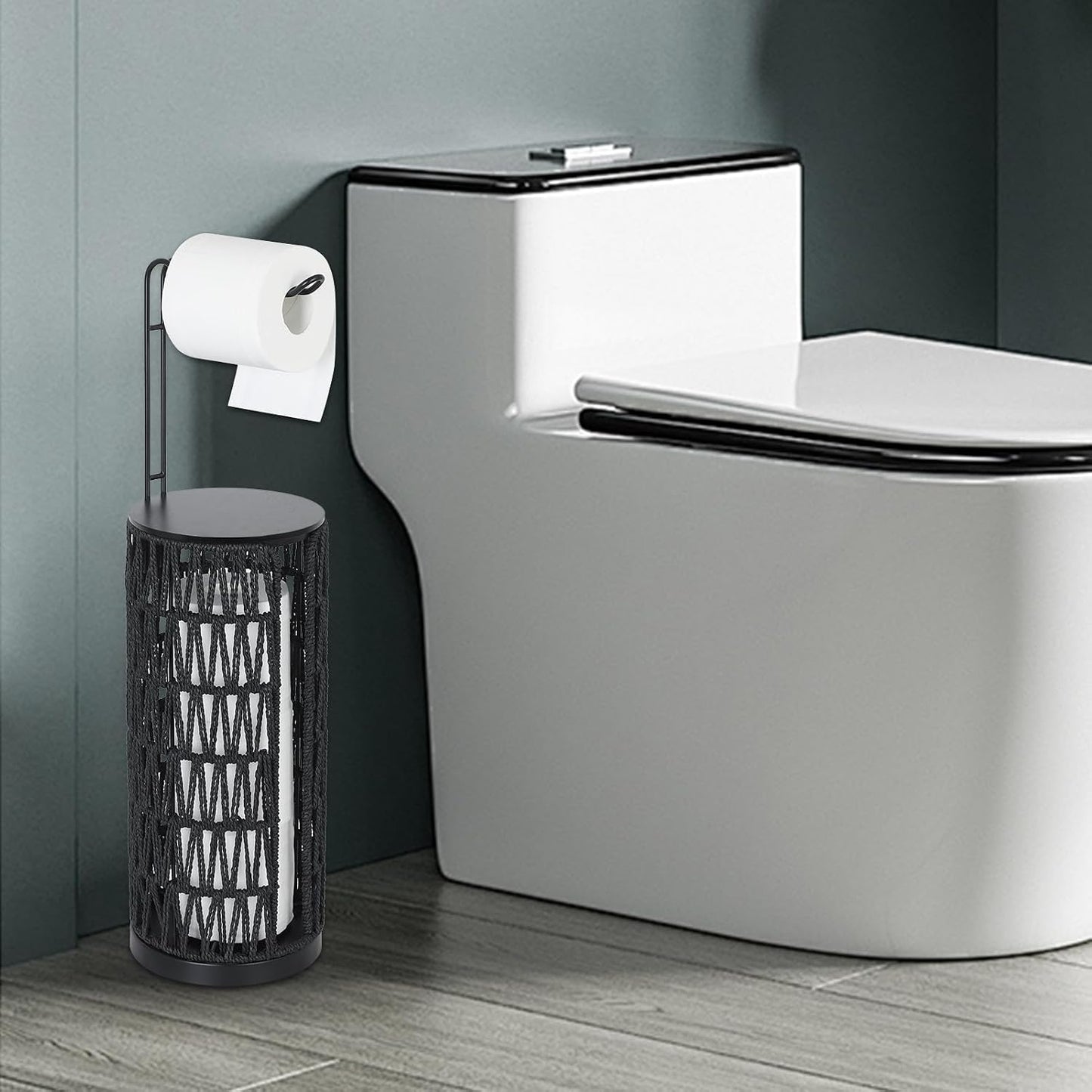 Black Freestanding Toilet Paper Holder with Storage,3 Rolls of Tissue Holder for Bathroom,Handmade Woven Toilet Paper