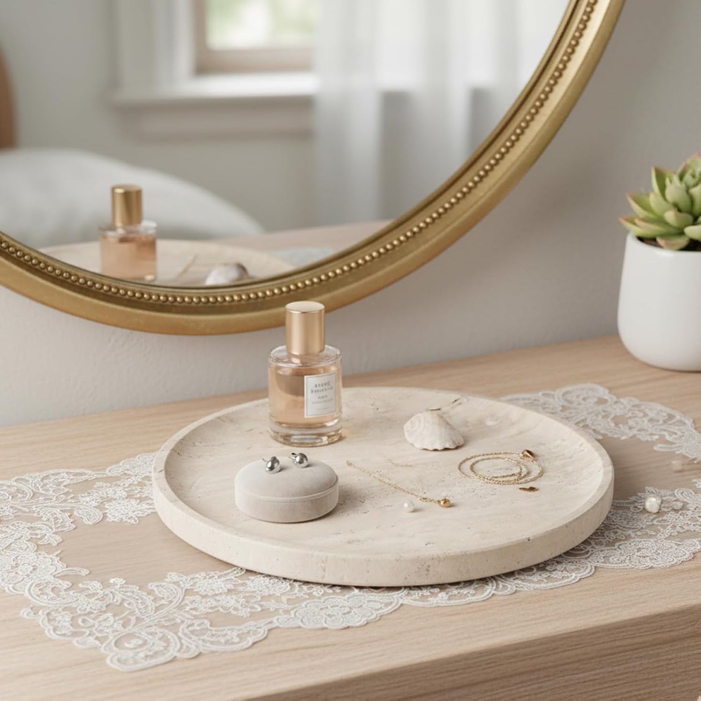 Round Serving Tray / Travertine Beige / 9.8 / 10 Inch
