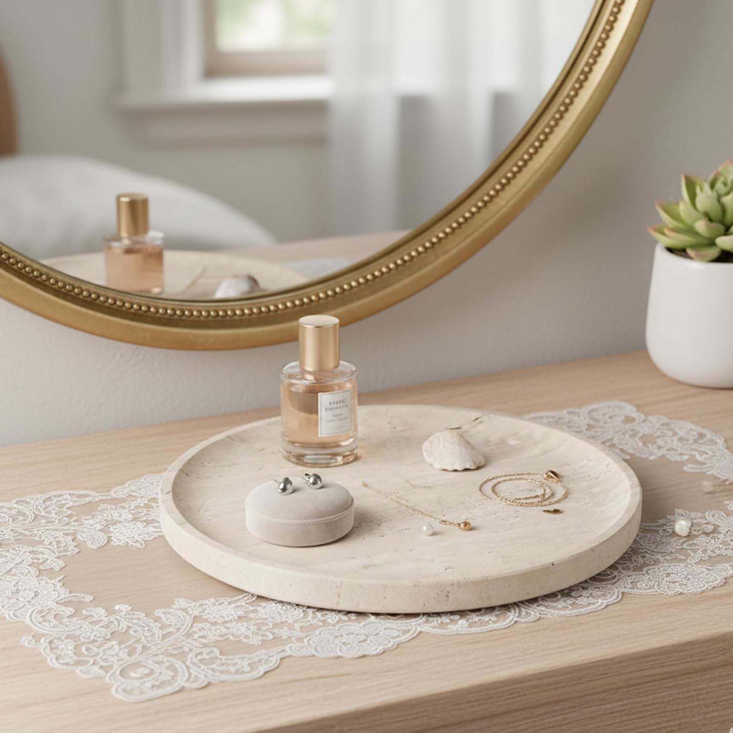 Round Serving Tray / Travertine Beige / 9.8 / 10 Inch