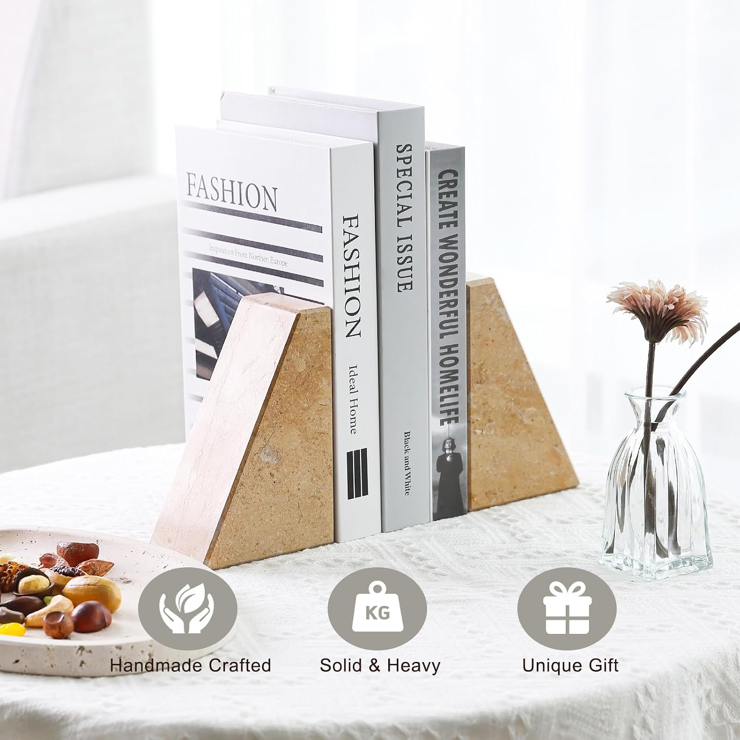 Marble Bookends / Large Bookends for Heavy Books / Trapezoid-brown