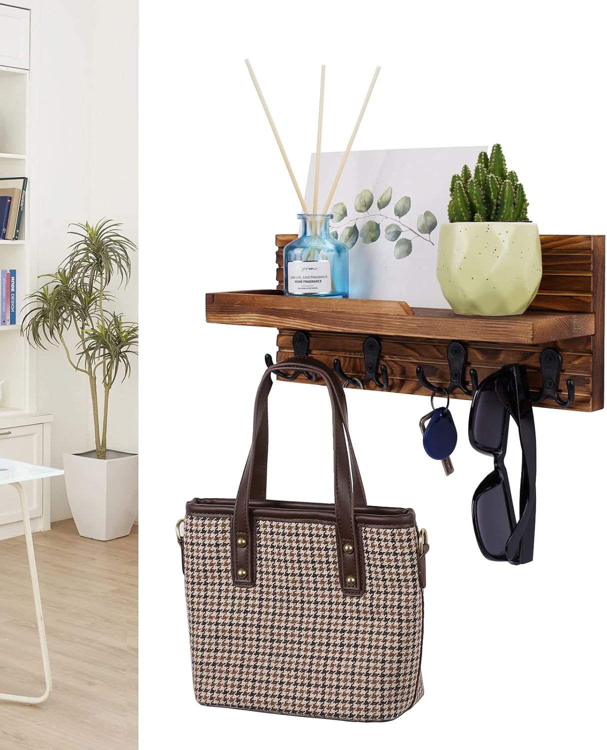 Easy Install Natural Wooden Key and Mail Holder / Brown