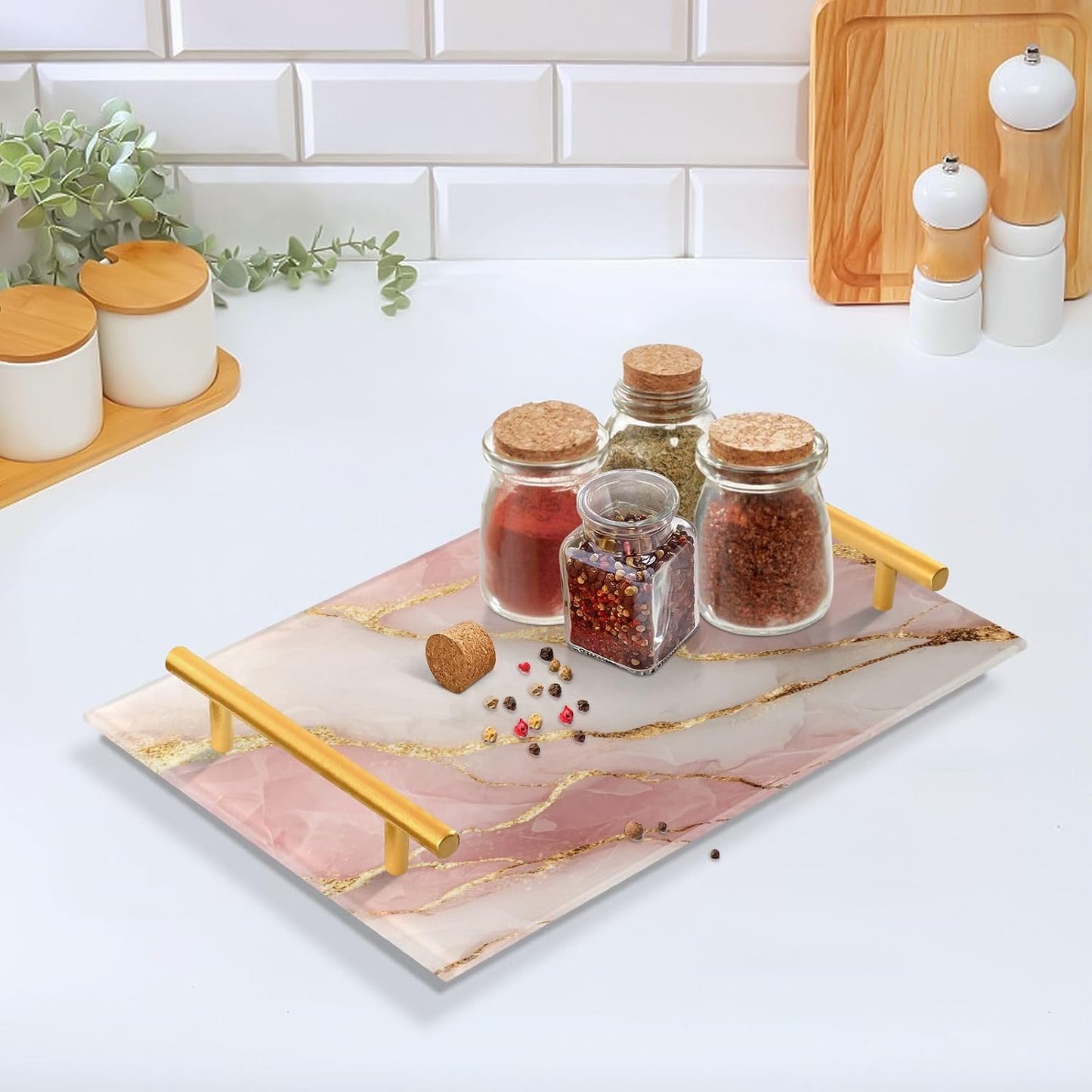 Serving Tray / Handles Bathroom Tray Vanity Trays / Pink Marble Pattern