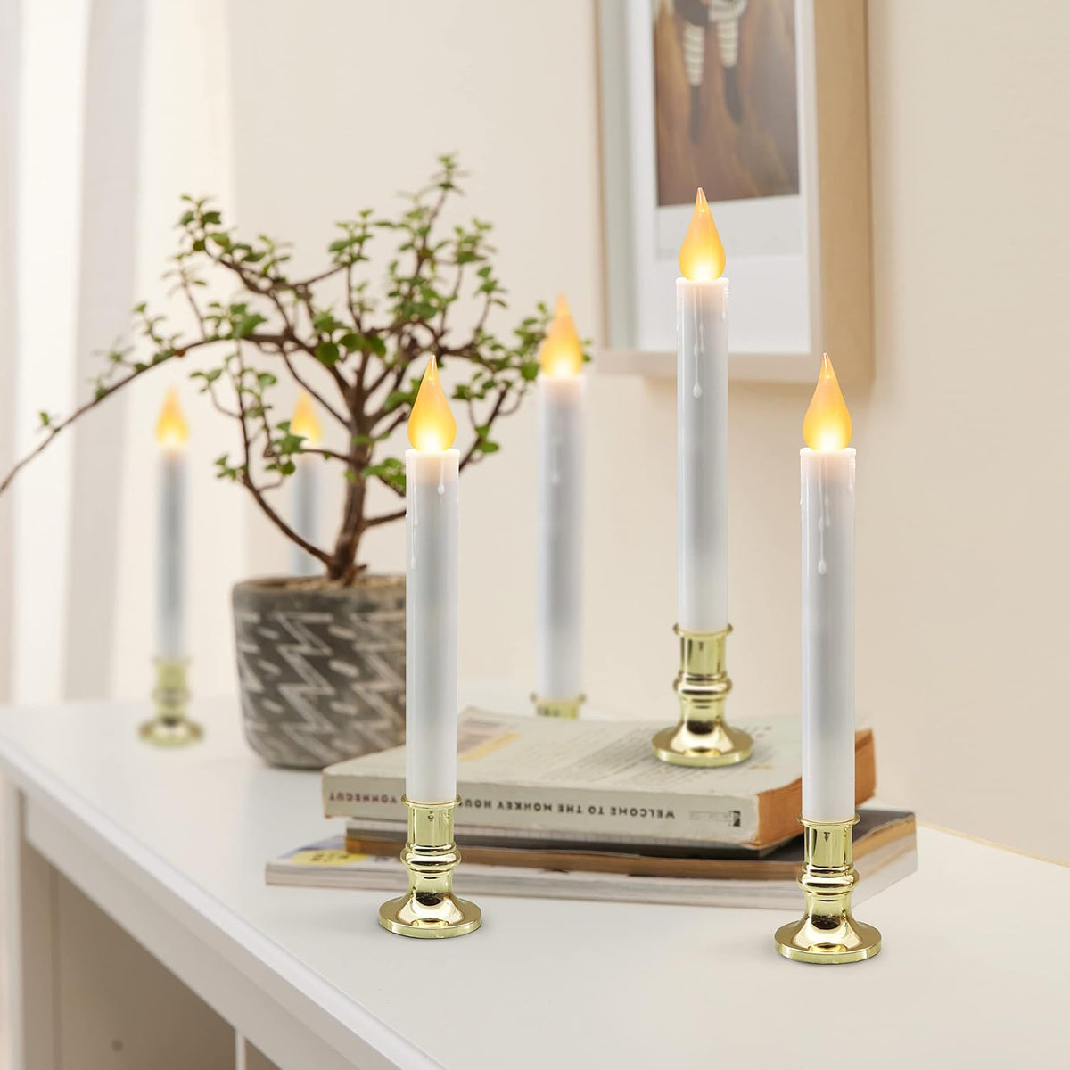 White 9.9" LED Taper Candles w/Gold Holders, 6-Pack | White flameless taper candles with gold holders, 5/19 auto timer