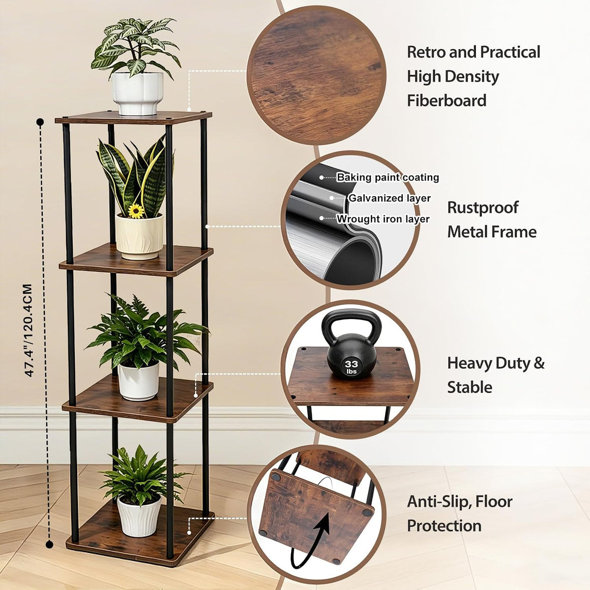 Vigordream Plant Stand Indoor Tier Metal Wood Plant Shelf for Muti Pots | Tall Pedestal Stand Flower Holder Planter