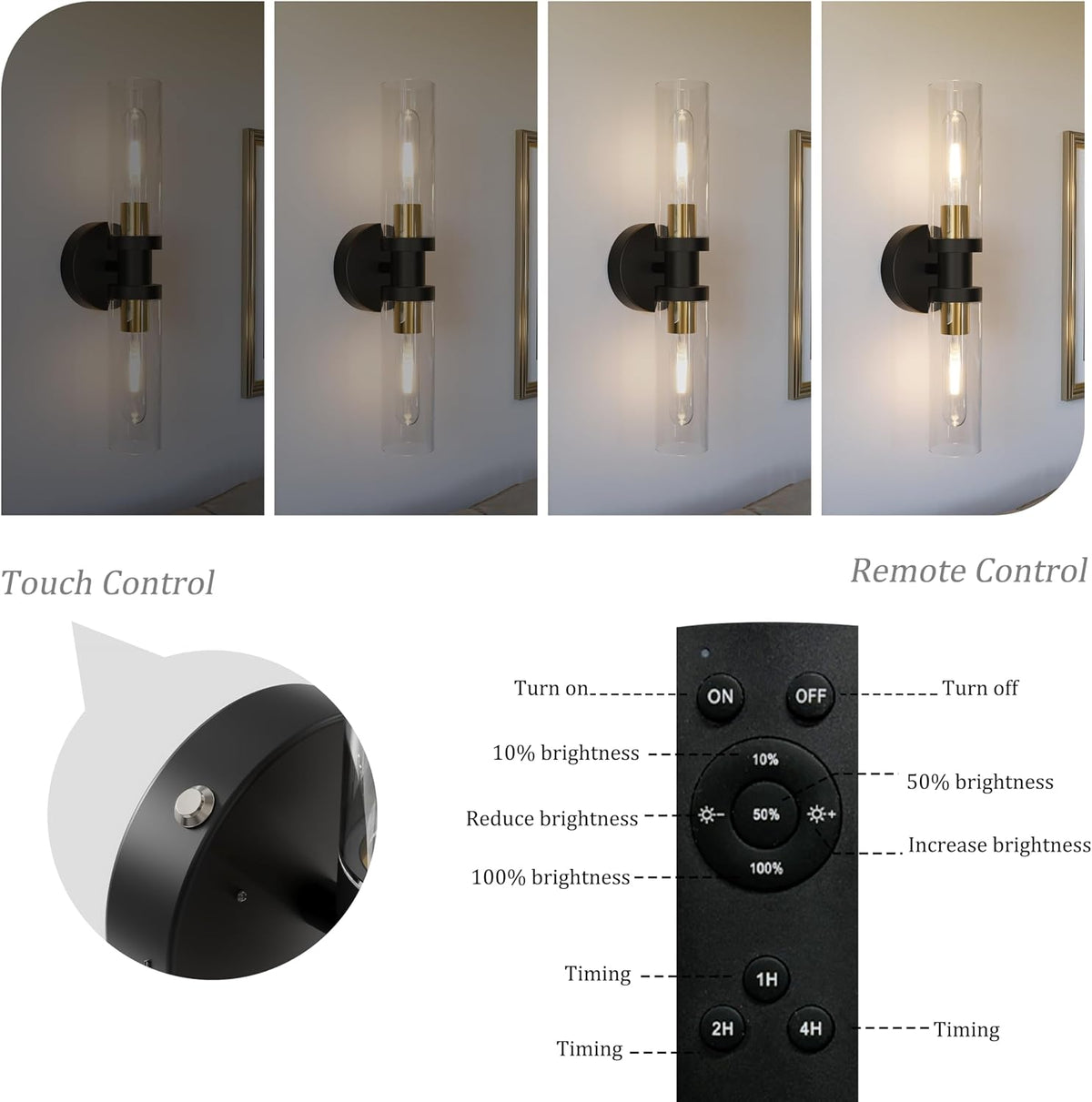 Rayogale Black & Gold Wireless Battery Operated Wall Sconce with Remote | Dimmable Rechargeable Wall Lights Set of 2