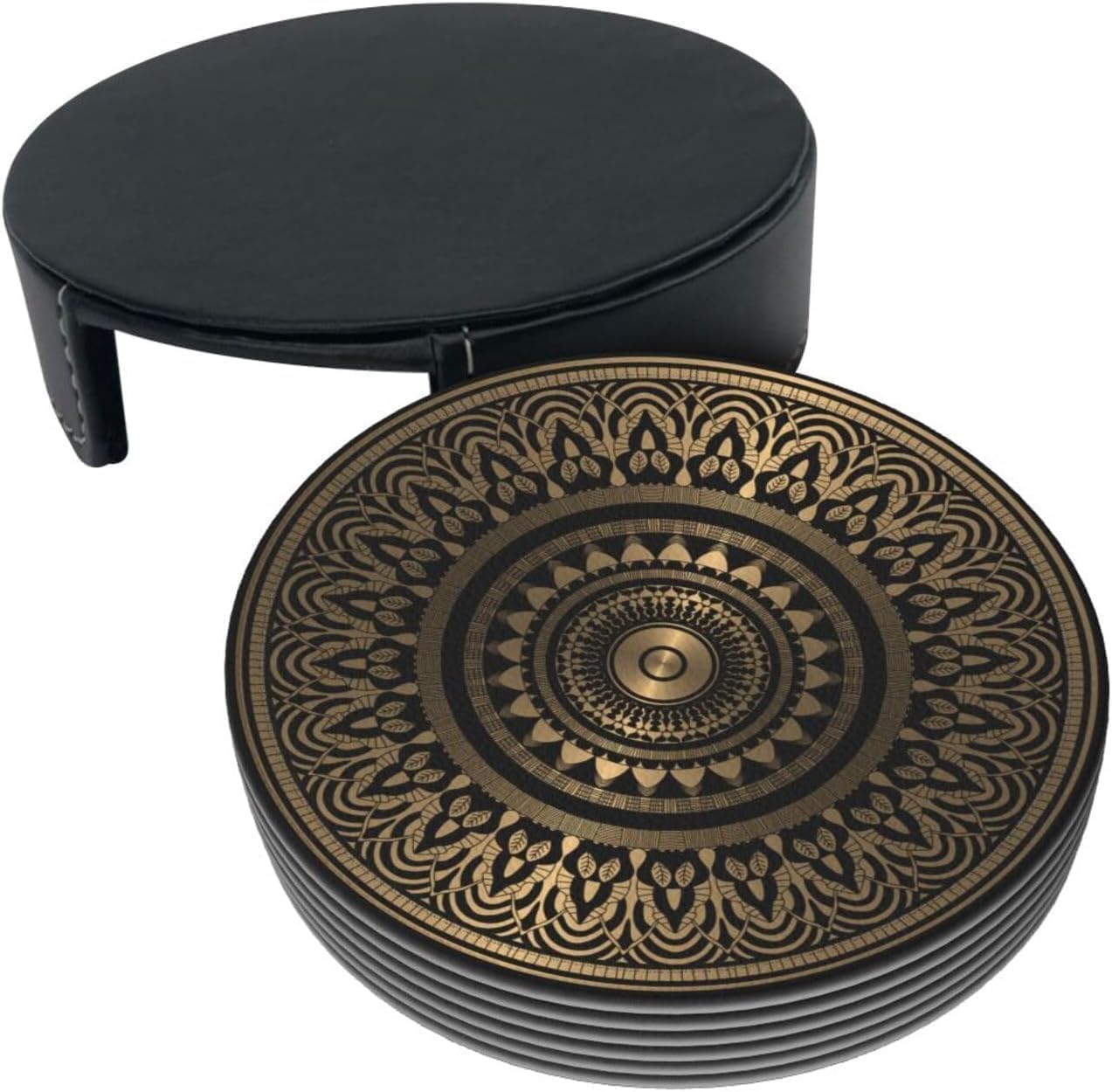 Holder Stand / Pu Leather Absorbent Coasters / Gold Black Mandala Rosette / Set of 6