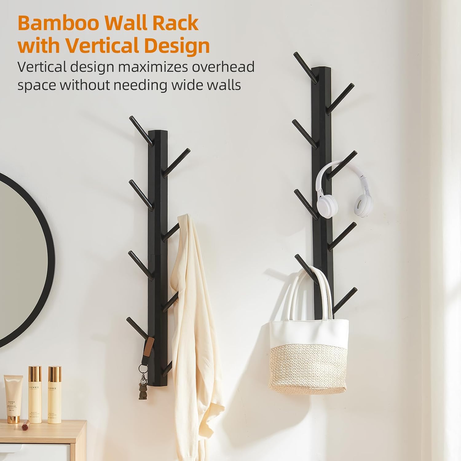 2-Pack Vertical Wall Mount Coat Rack for Clothes and Hats, Black | Bamboo construction, 16 polished hooks, max 50 lbs