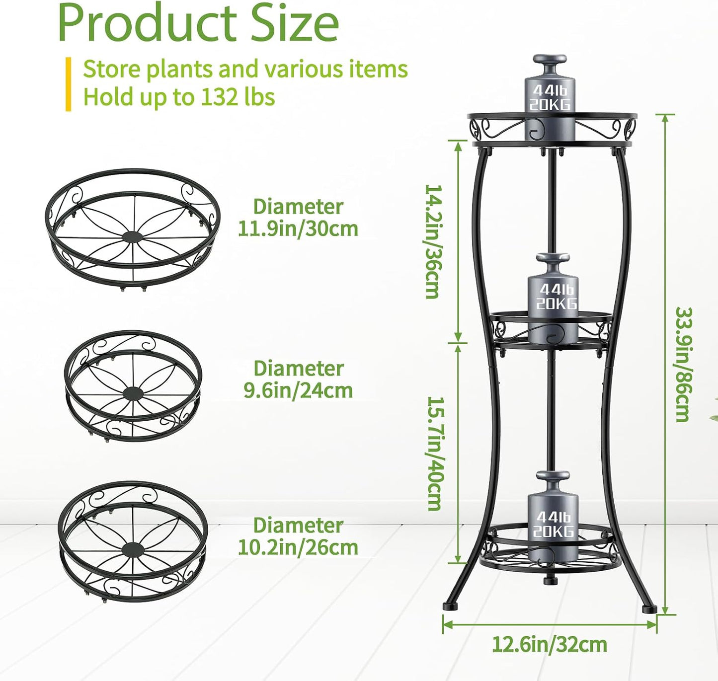iDavosic.ly 3 Tier Metal Plant Stand Outdoor Indoor, 34 Inch Tall, Black | Corner Flower Pot Holder Shelf, Wrought Iron