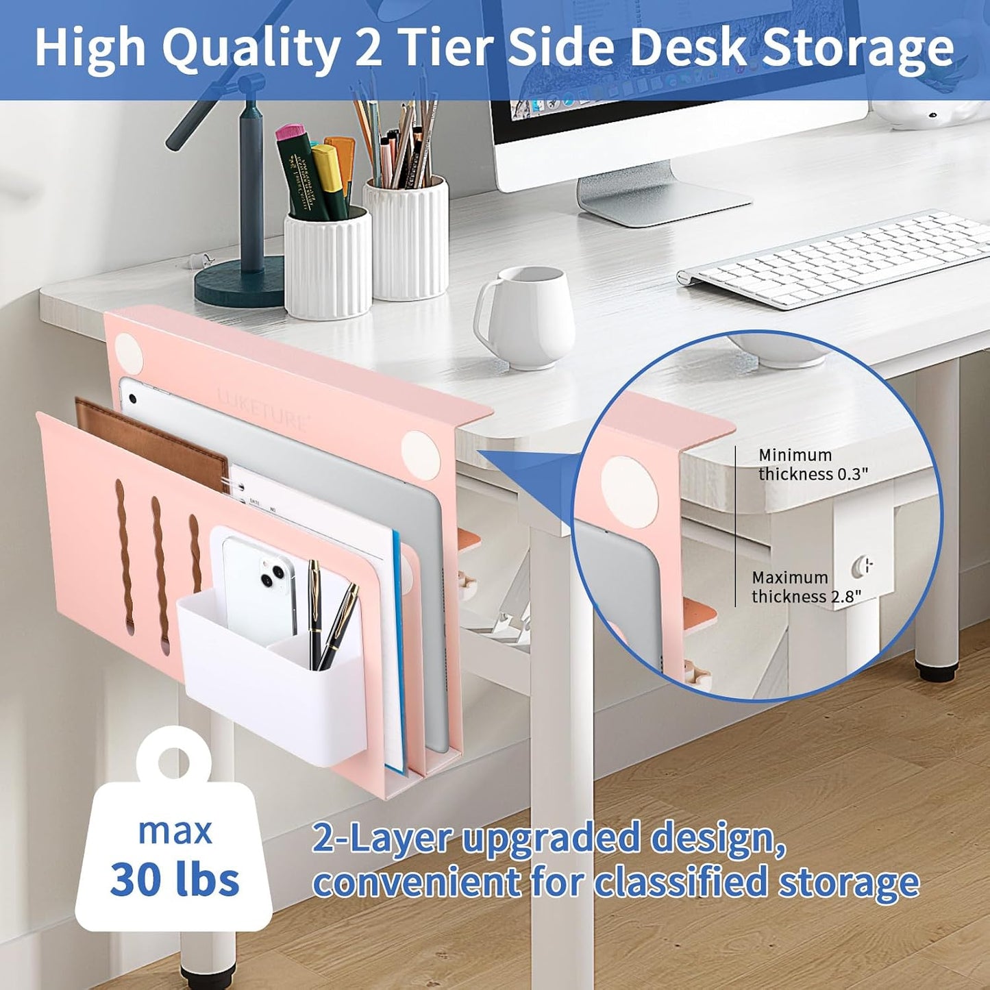 LUKETURE Desk Side Storage, 2 Tie Laptop Holder No Drill Clamp On Organizer | Sturdy Steel Double Tier Strong, Magnetic
