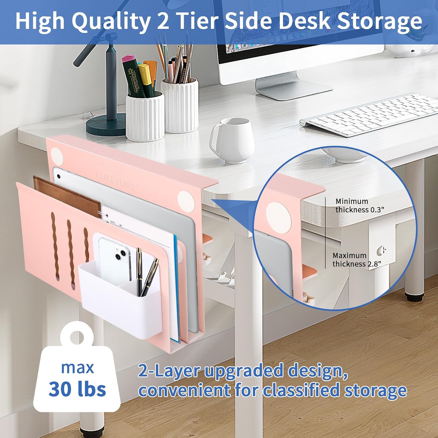 LUKETURE Desk Side Storage, 2 Tie Laptop Holder No Drill Clamp On Organizer | Sturdy Steel Double Tier Strong, Magnetic
